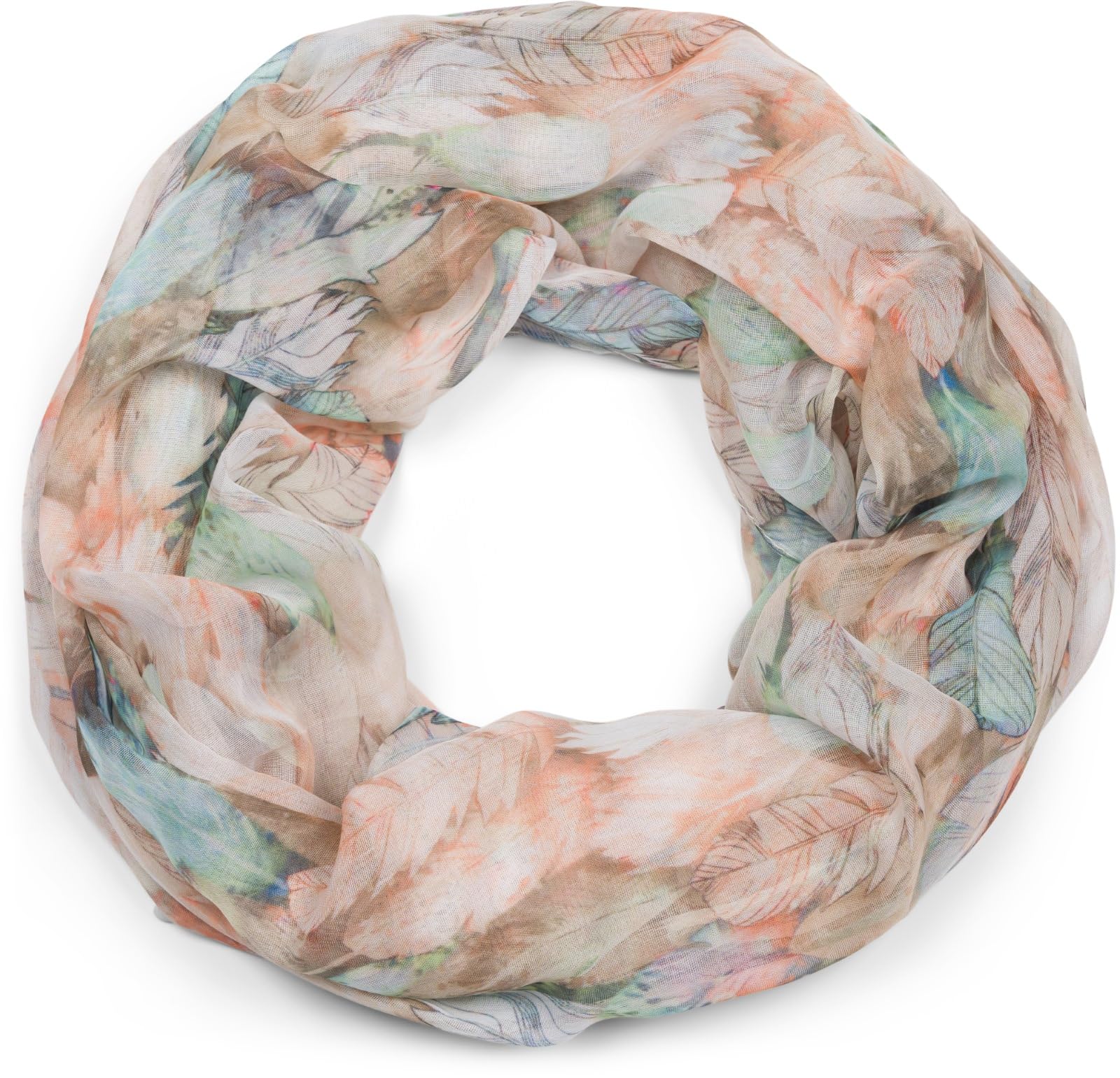 Stylebreaker Women's Beige-Turquoise Loop Scarf With Colorful Feather Pattern, Lightweight Summery Boho Infinity Scarf Multicolored 01016239, Colour: