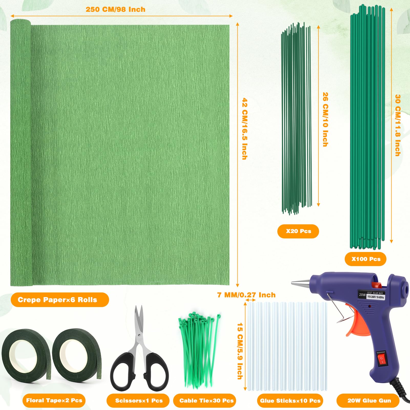 Kit de 170 pièces de papier crépon, 6 couleurs, 41,9 x 249,9 cm, avec pistolet à colle, ciseaux, fil et ruban adhésif floral – Parfait pour la fabrication de fleurs en papier, les projets d'artisanat