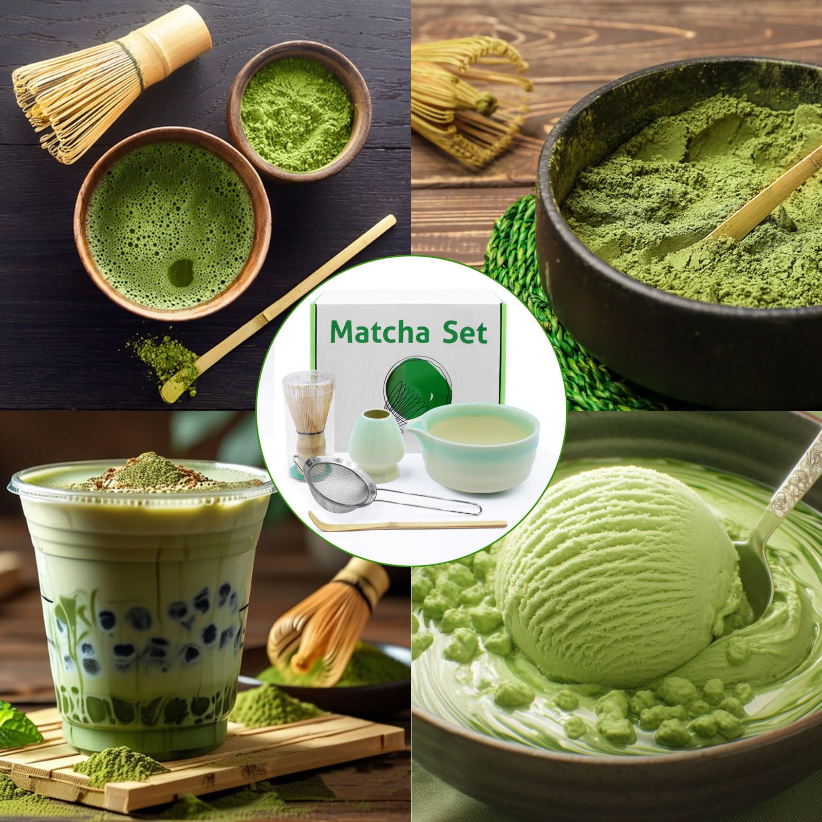 5 piezas cuenco de cerámica matcha, cuenco matcha, batidor matcha, espátula y escobillero matcha,Colador para la ceremonia del té.Gradiente de color