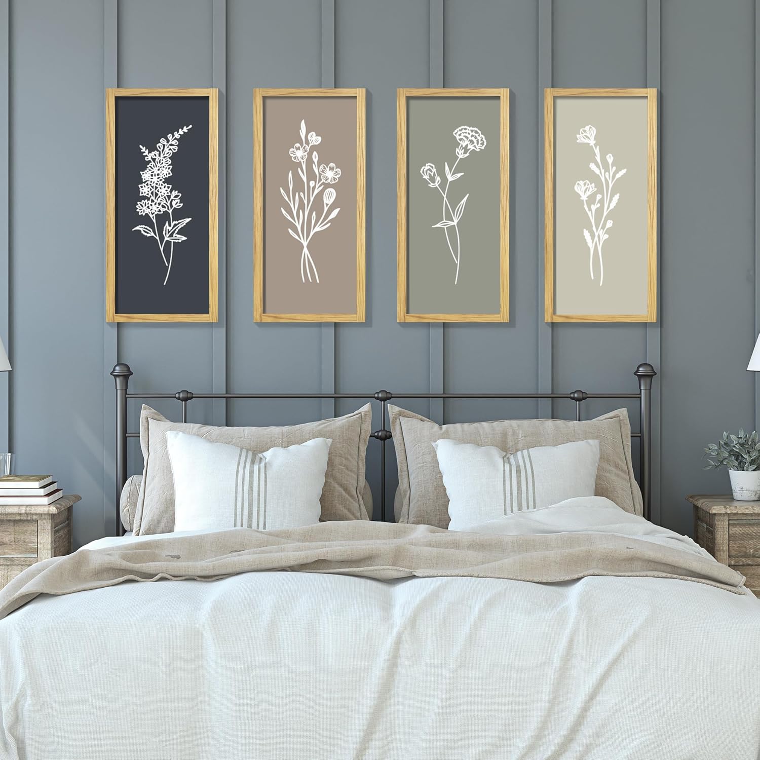 LITIVY Wooden Framed Floral Boho Wall Art Set of 4 Rustic Minimalist Botanical 16”x7” Farmhouse Bathroom Living Room Wall Decor (Naturals)