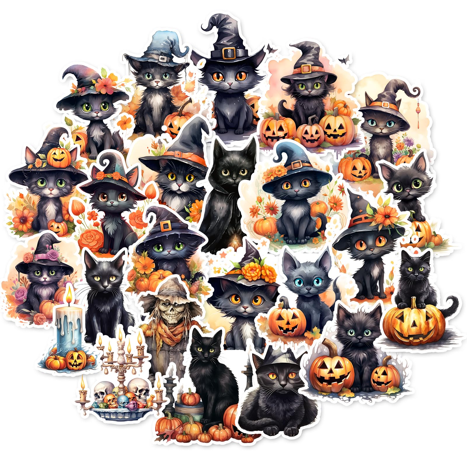 Naklejki z motywem czarnego kota i czarownicy dla dzieci, naklejki z motywem strasznej dyni do scrapbookingu, dziennika śmieci, kolaży, upominków na imprezę halloweenową, wodoodporne naklejki winylowe