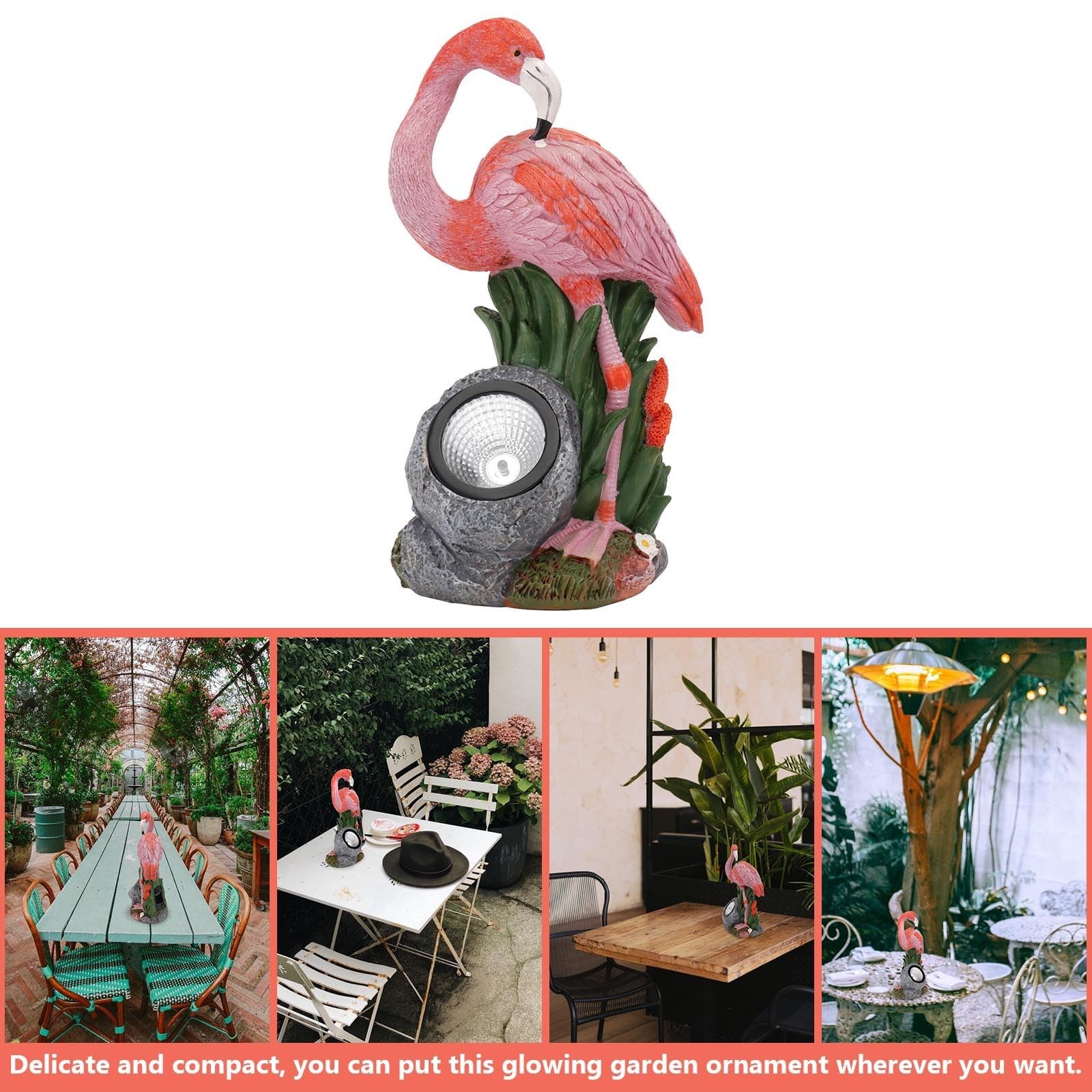 Solarer Flamingo aus Kunstharz, Rosa, Kompakt, Leuchtet für Gartenweg