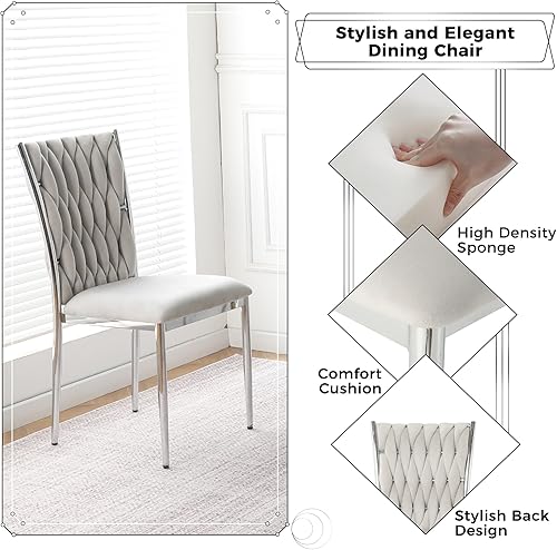 Miniatura 4 de Juego de 4 sillas de comedor de terciopelo, modernas sillas de cocina tejidas con patas de metal plateado, cojín tapizado con respaldo alto,