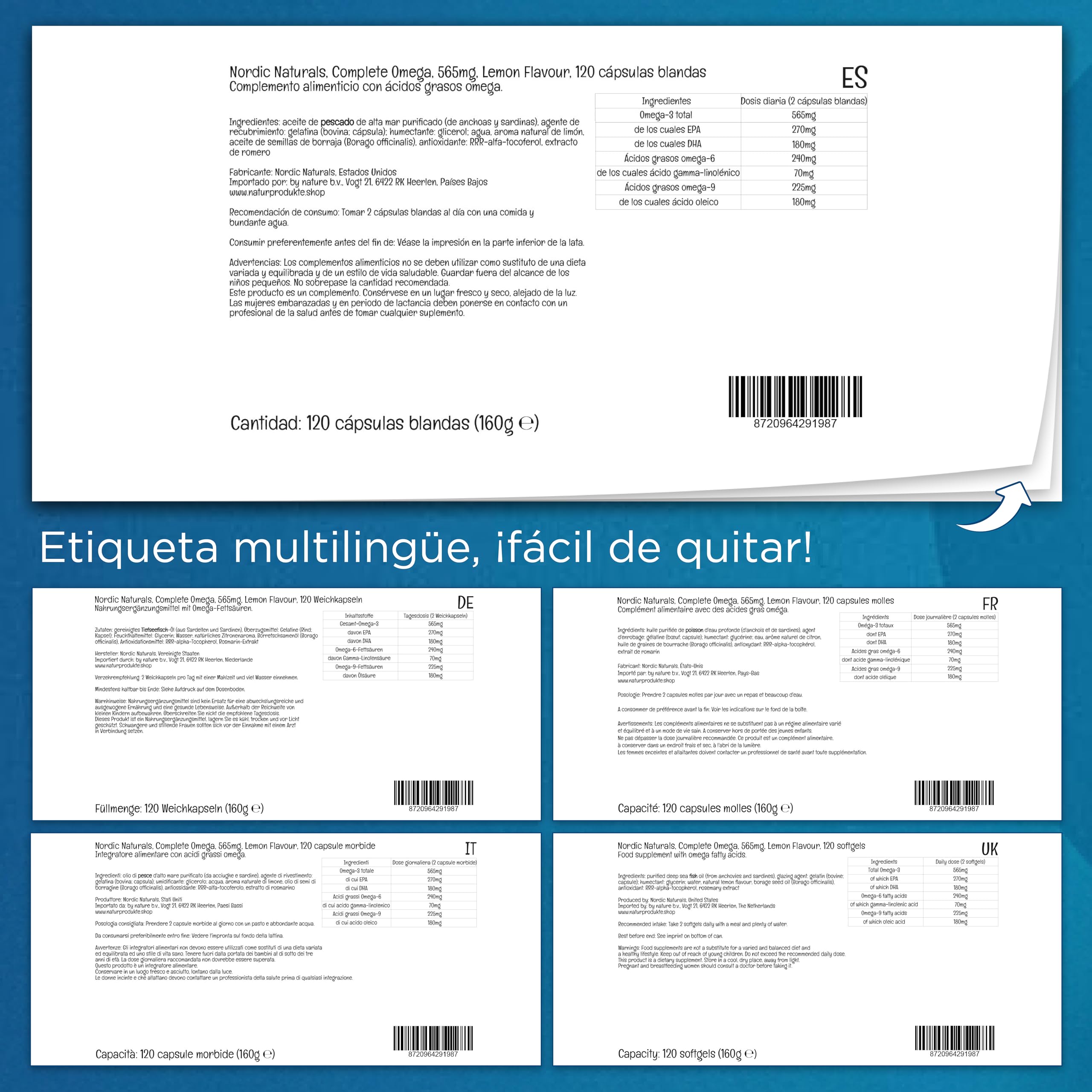 Nordic Naturals Complete Omega-3, 565mg, Con aceite de borraja y GLA, 120 Cápsulas blandas, Sabor limón, Testado en Laboratorio, Sin Soja, Sin Gluten, No GMO