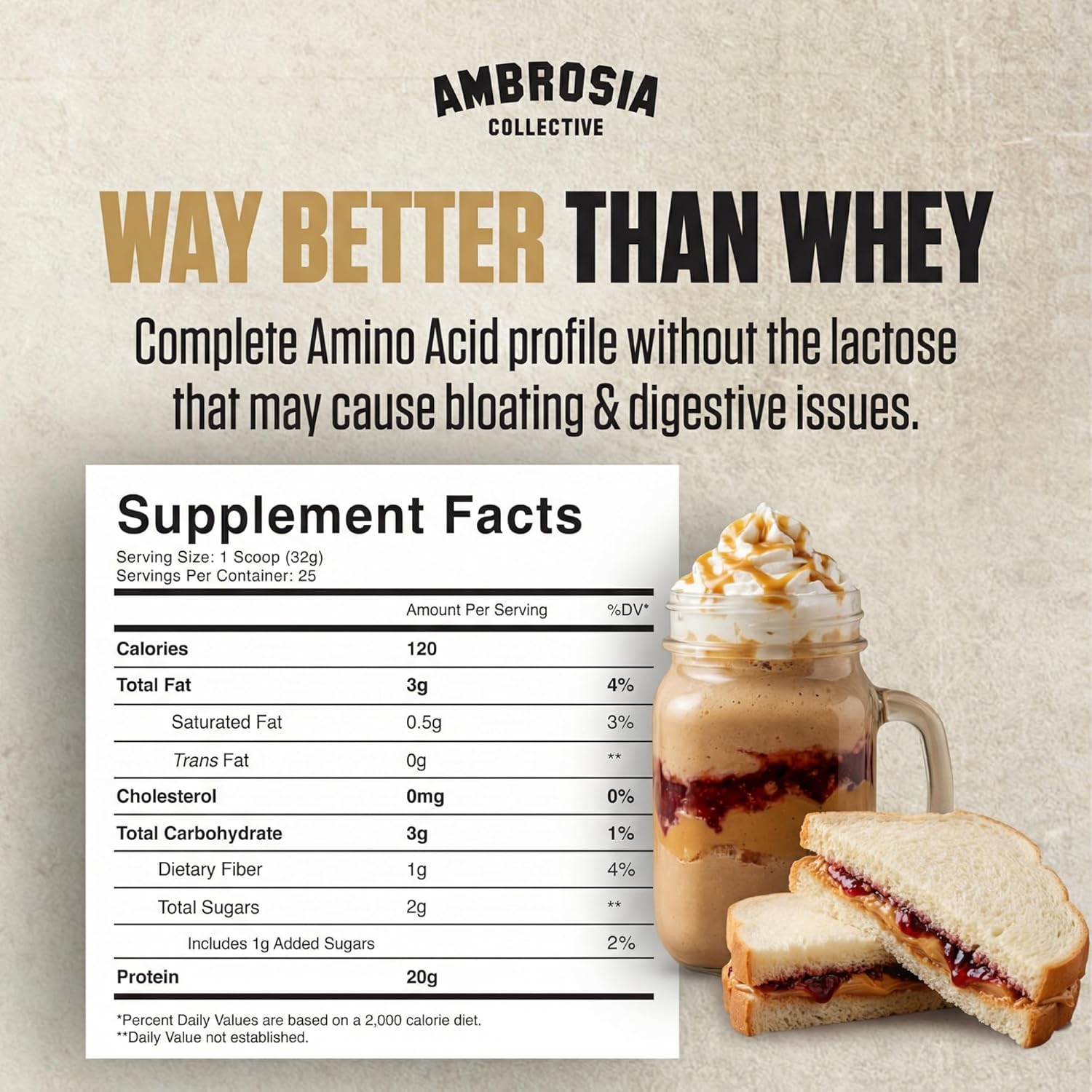 Ambrosia Plant Based Protein Powder 20g | Clean Vegan Pea Protein Powder | Gluten & Dairy Free, Keto Friendly, No Added Sugar | 25 Servings | Peanut Butter & Jelly