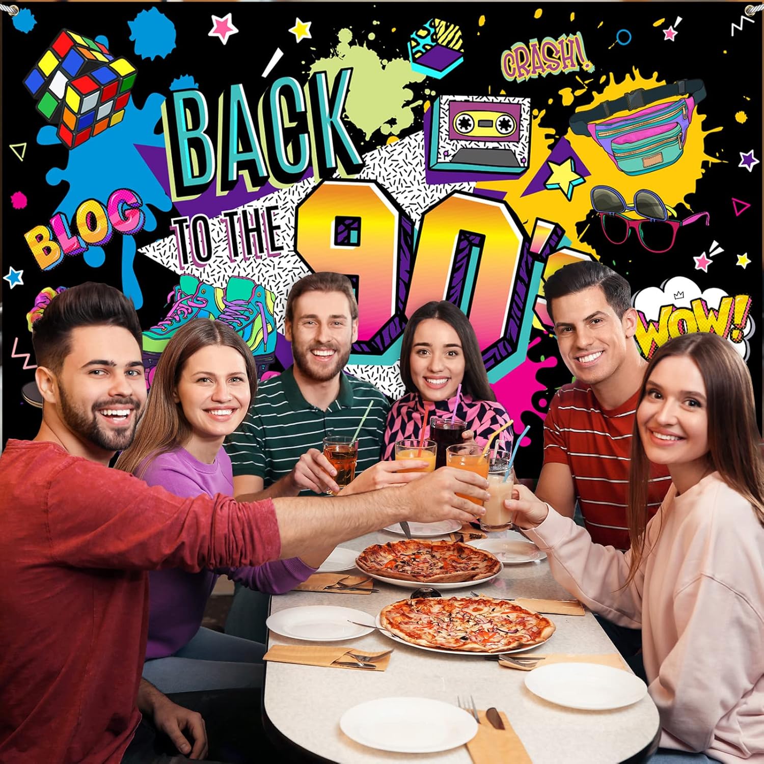 Breling 80s 90s Party Decorations: 80's 90's Party Bundle Includes Inflatable Radio Boombox and Mobile Phone, Backdrop, 55 Balloons, 80s 90s Supplies