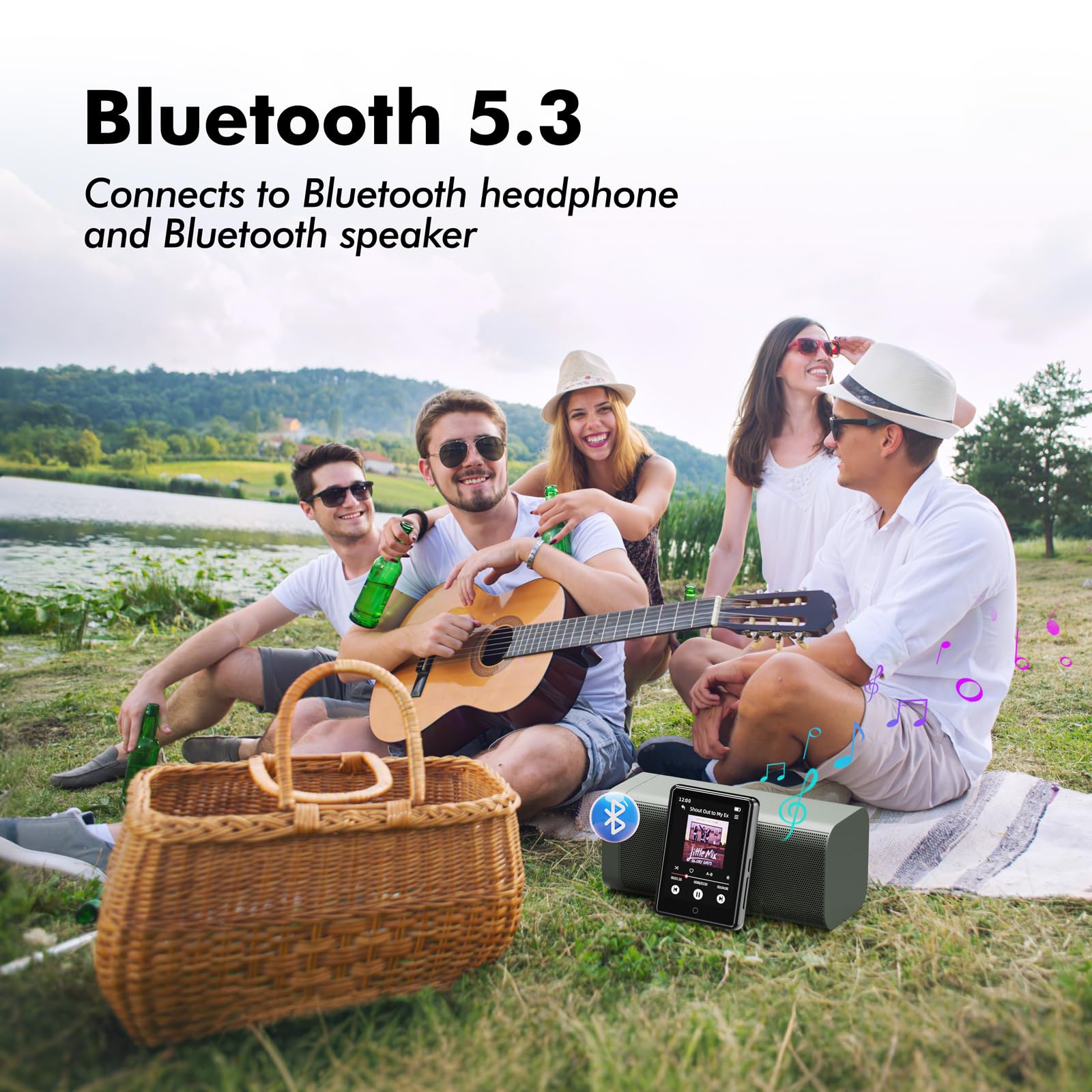 64 GB Lettore MP3 Bluetooth 5.3, mp3 lettore bambini musicale portatile con schermo touch screen da 2,8” con registratore vocale, radio FM, contapassi, cartella, supporto scheda Micro SD da 128 GB