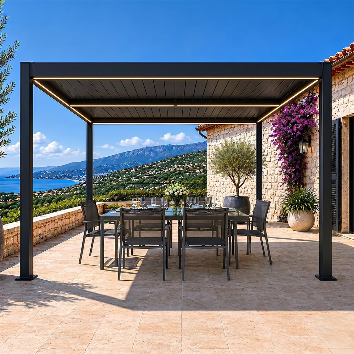 Pergola Bioclimatique CORFU LED 300 cm Noir Aluminium Lames Orientables