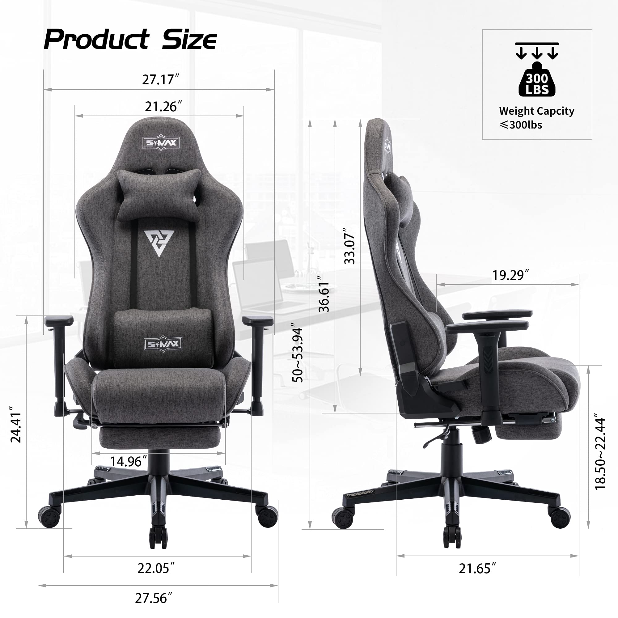S*MAX Chaise Gaming avec Repose Pieds Siège épais Chaise Gamer Ergonomique avec Accoudoir 3D Appui-tête en Tissu et Support Lombaire Siege Gaming Gris