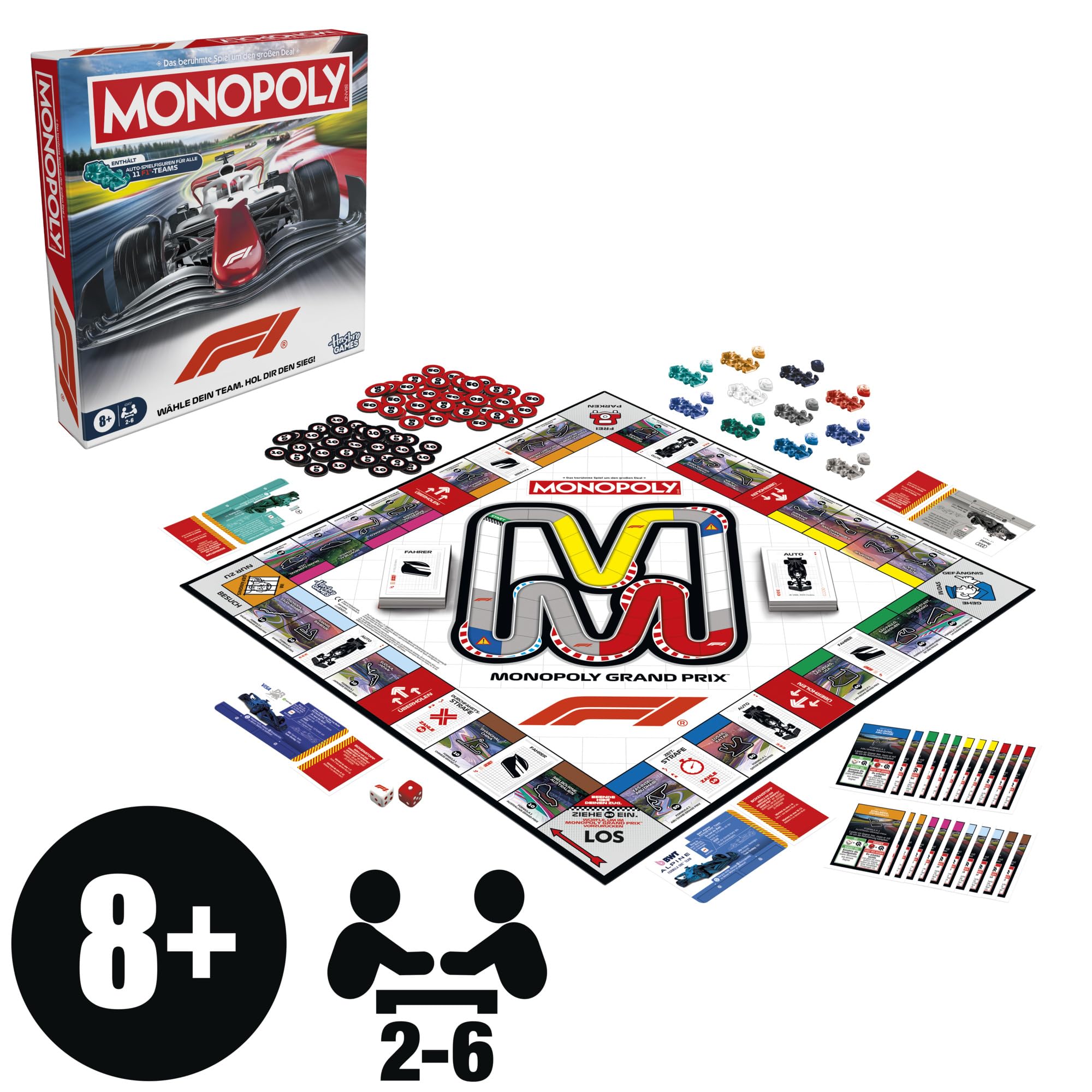 Monopoly F1 Edition Brettspiel | offiziell Lizenziertes Formula 1 Spiel | Familienspiel für Kinder, Jugendliche und Erwachsene | 2 — 6 Spieler | 45 Min. | ab 8 Jahren