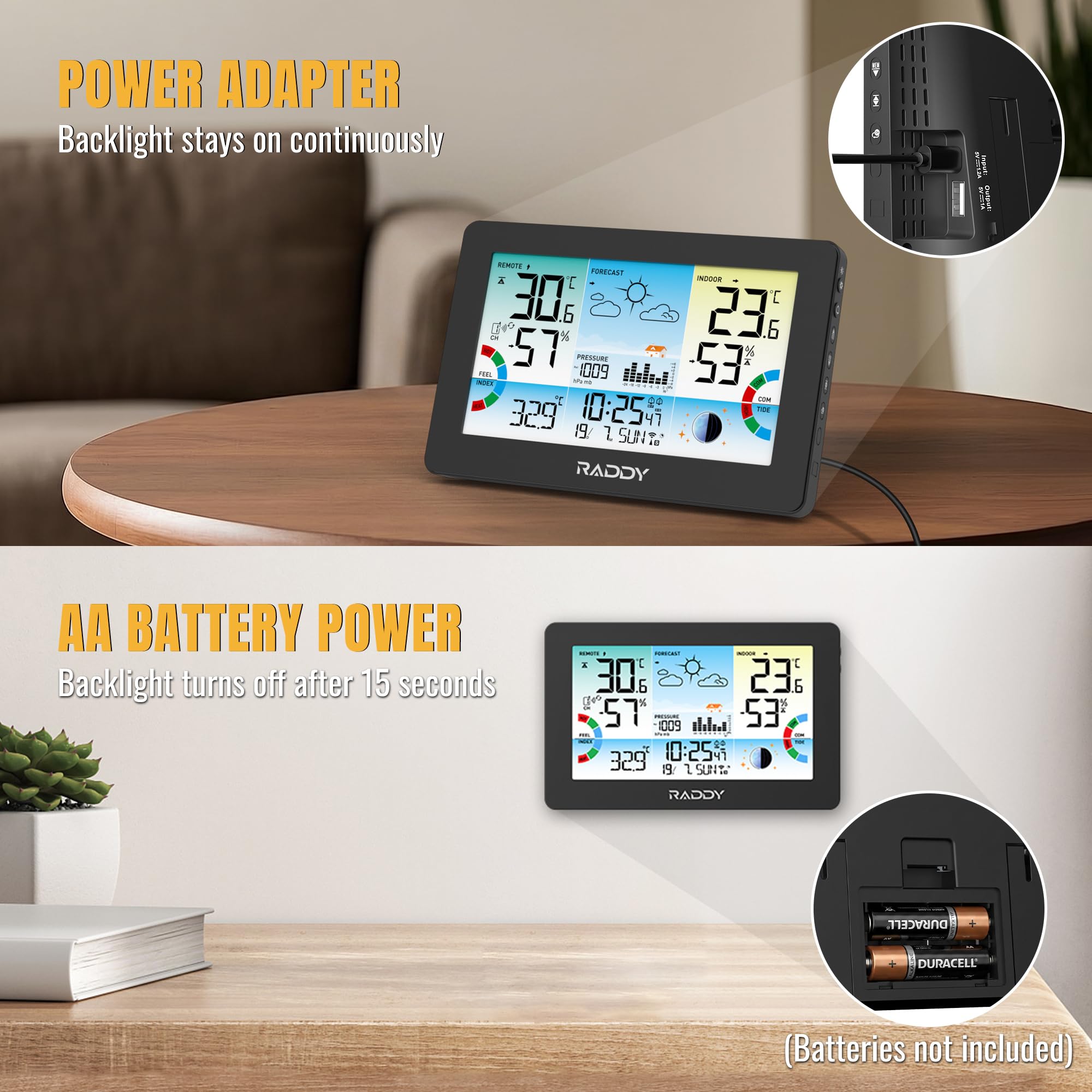 Raddy HW75 Stazione Meteo Wireless, Schermo a Colori 7,5", Termometro Igrometro Interno Esterno, Pressione Barometrica, Orologio Atomico, Indice di Calore, Punto di Rugiada, Fase Lunare, Giardino