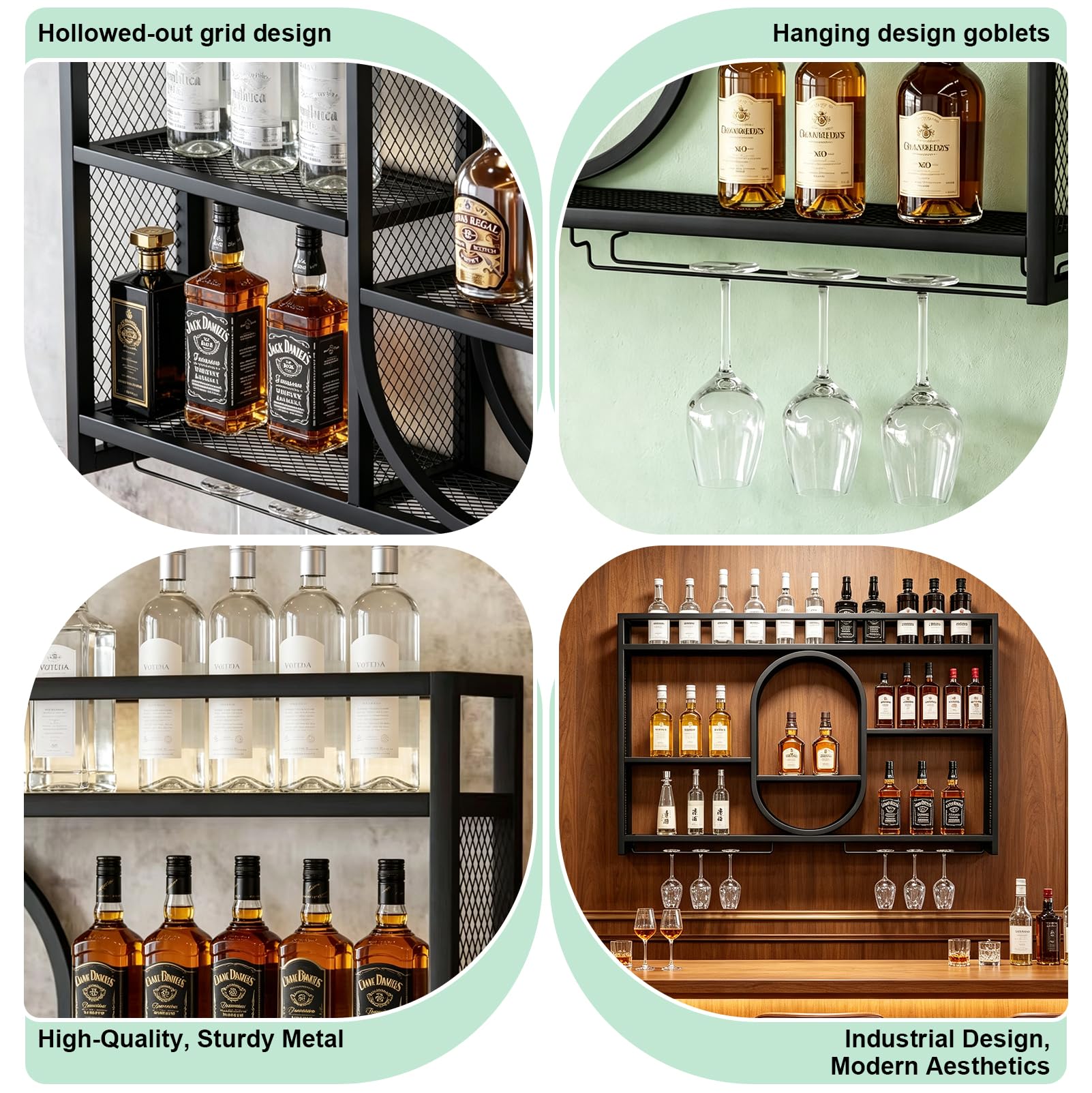 Wandmontiertes Weinregal, für Zuhause, Restaurants und Bars (100 x 80 cm) | Modernes Wandregal für Bars, 3-stufiges Metallregal, Multifunktionales Eisenregal für Champagner, Stielgläser und Wein