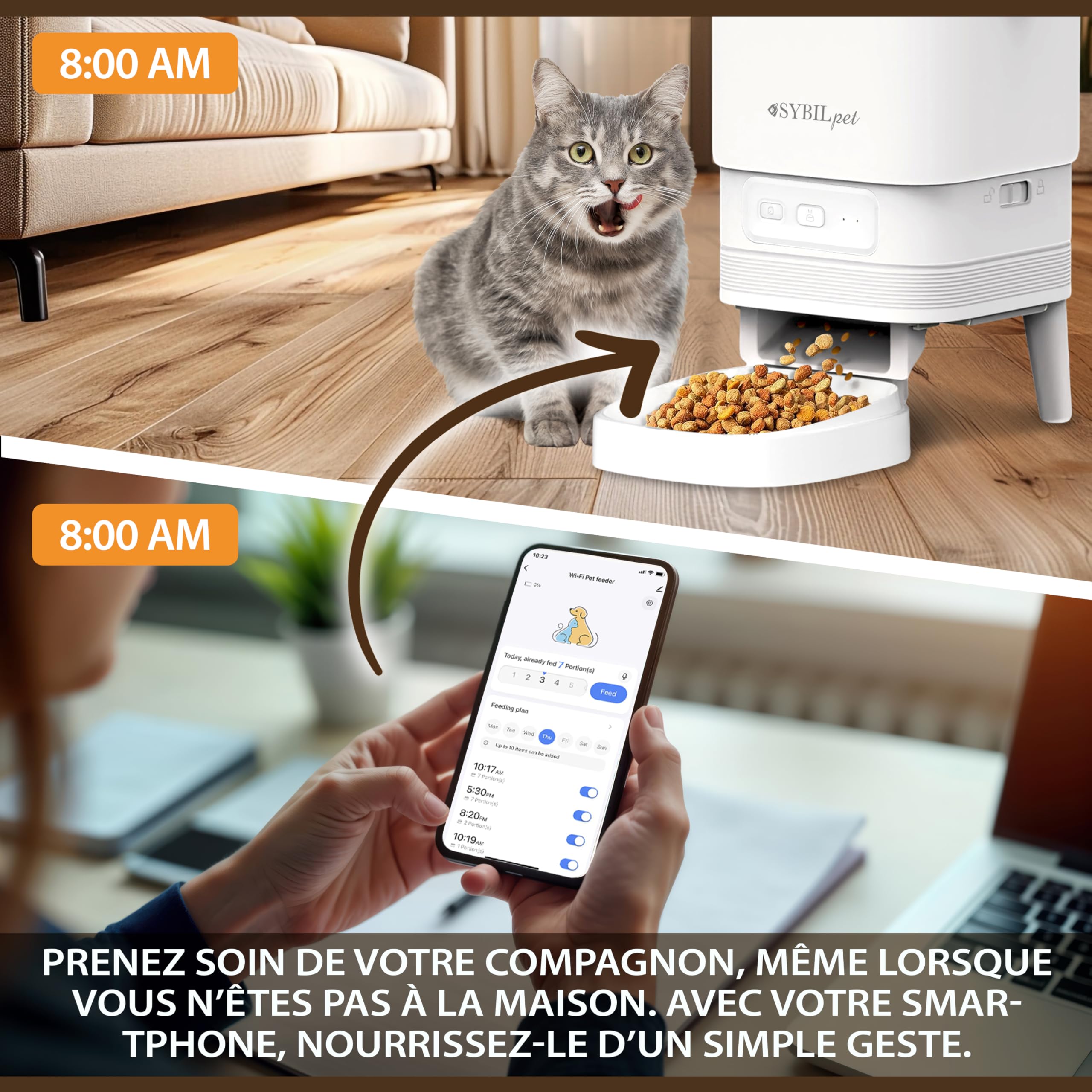 Distributeur Automatique de Croquettes pour Chat et Petit Chien 4L avec Application Tuya, Gamelle Connectée avec Message Vocal, Système Anti-Bourrage, Double Alimentation USB et Piles