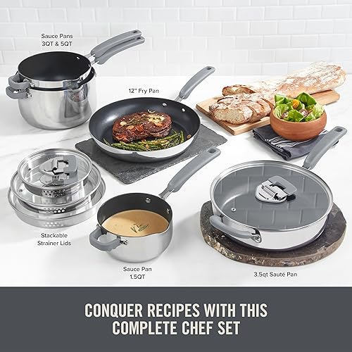 Miniatura 6 de Zakarian by Dash TruPro - Juego de utensilios de cocina antiadherentes de acero inoxidable con tapas coladoras, 10 piezas, color gris