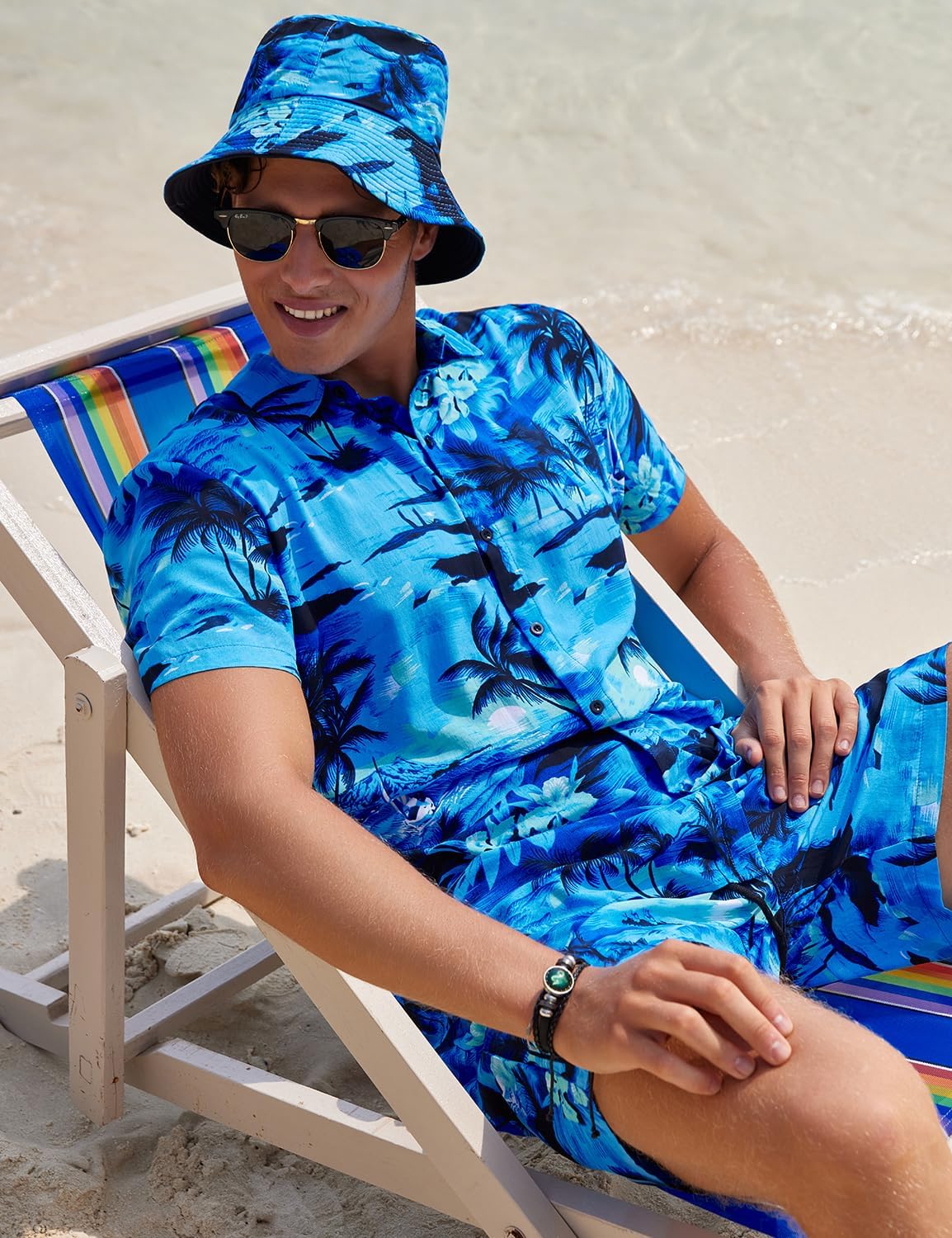 EISHOPEER Men's Flower Hawaiian Sets Casual Short Sleeve Shirt and Shorts Suits Outfits with Bucket Hats