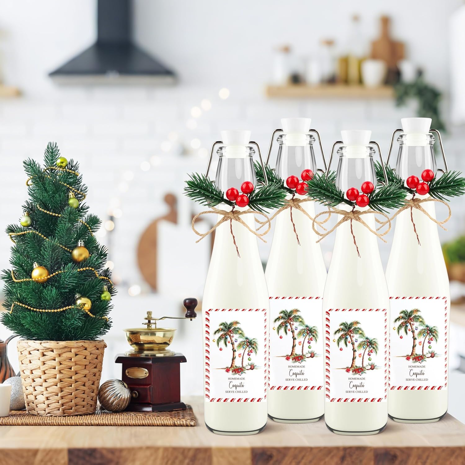 8 Set Christmas Coquito Bottles Christmas Swing Top Glass Bottles with Labels Stickers and Pine Cone Branches Clear Flip Top Brewing Bottles for Home Brewing Xmas Holiday Party Supplies