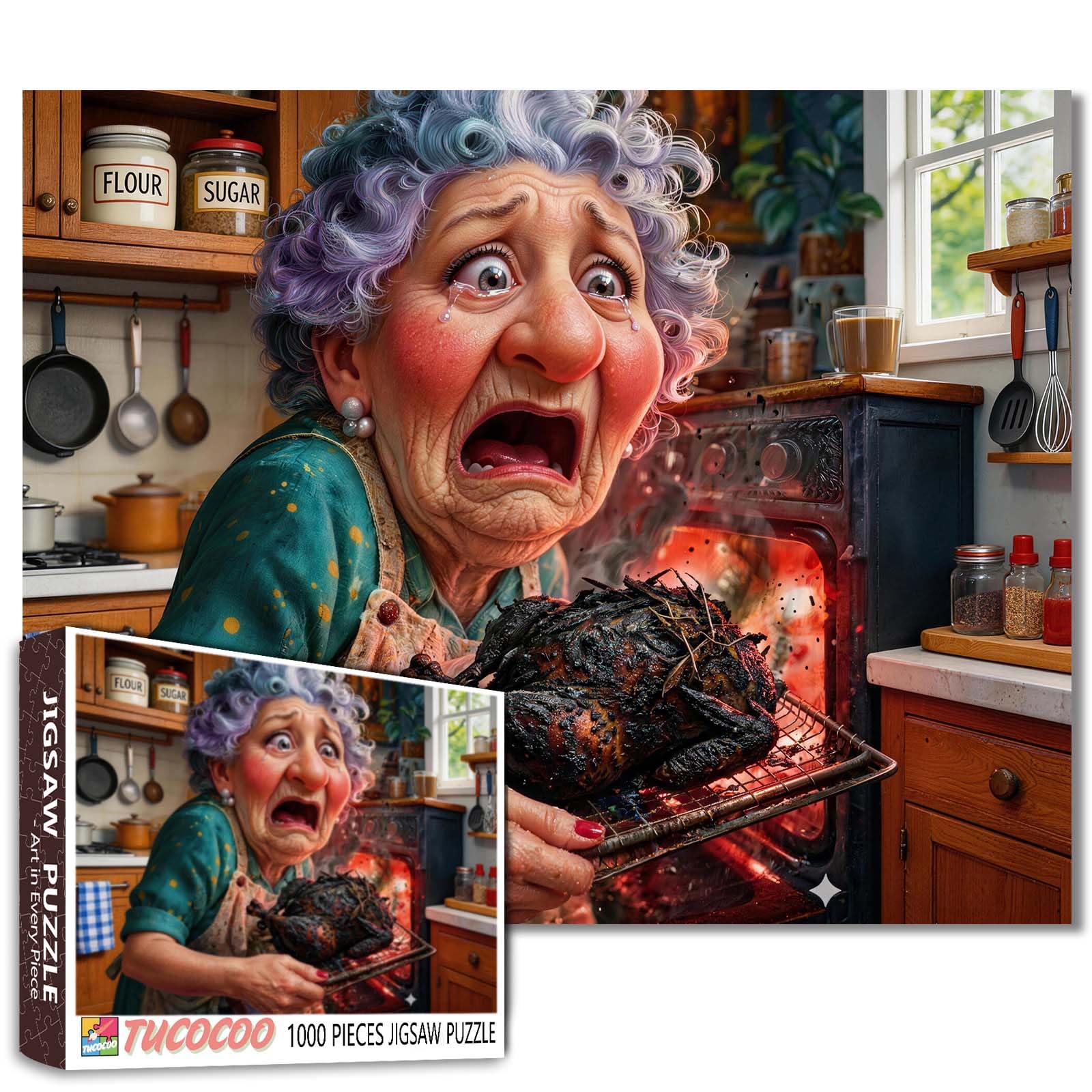 Grandma Burned Turkey Jigsaw Puzzles for Adults 1000 Pieces Kitchen Fail Scene DIY Puzzles for Family Activity Games Elderly Lady Cooking Food Art Home Wall Decor Craft Gifts 19.7 x 27.6 Inch — image 1