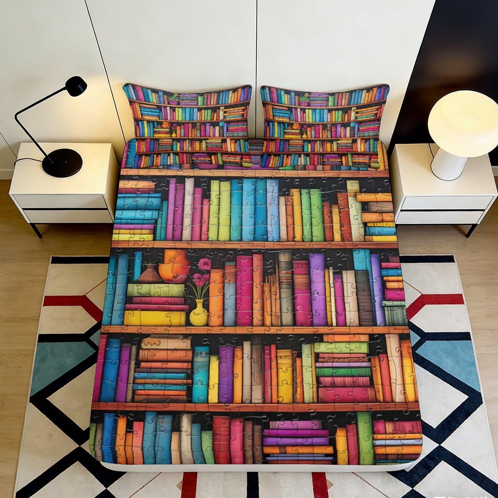 3D Printed Colorful Bookshelf Fitted Sheet Microfiber Soft Durable Library Design Bed Cover for Bedroom Dormitory Guest Room Mattress Protection 140x200x25cm