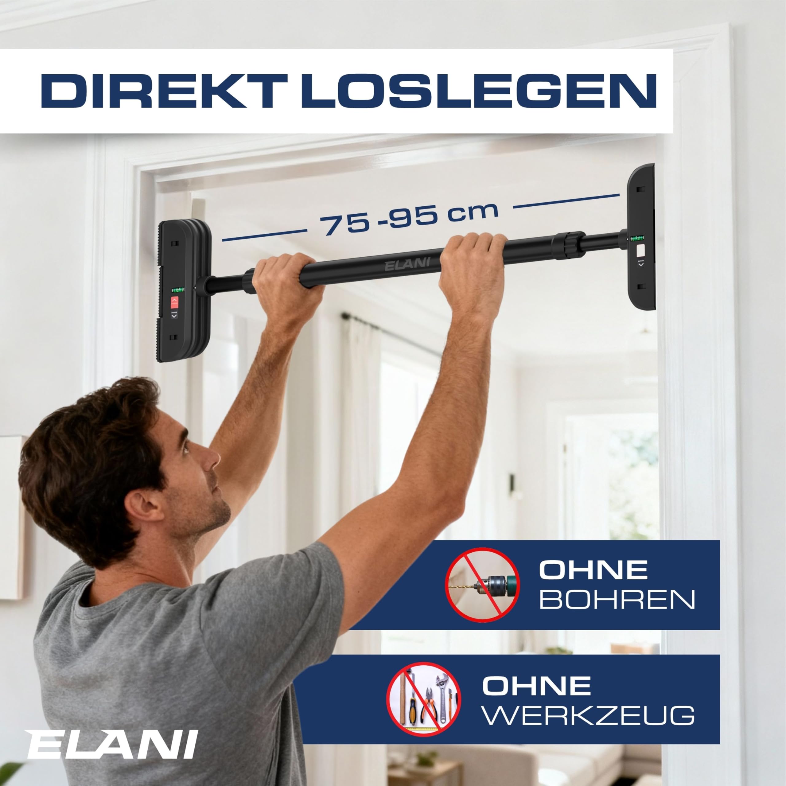 ELANI – sichere Klimmzugstange 75-95 cm bis 200 kg für Türrahmen ohne Bohren mit innovativer Gewindesperre – Pull Up Bar, Türreck Klimmzugstange Türrahmen, Klimmzug, Klimzugststange