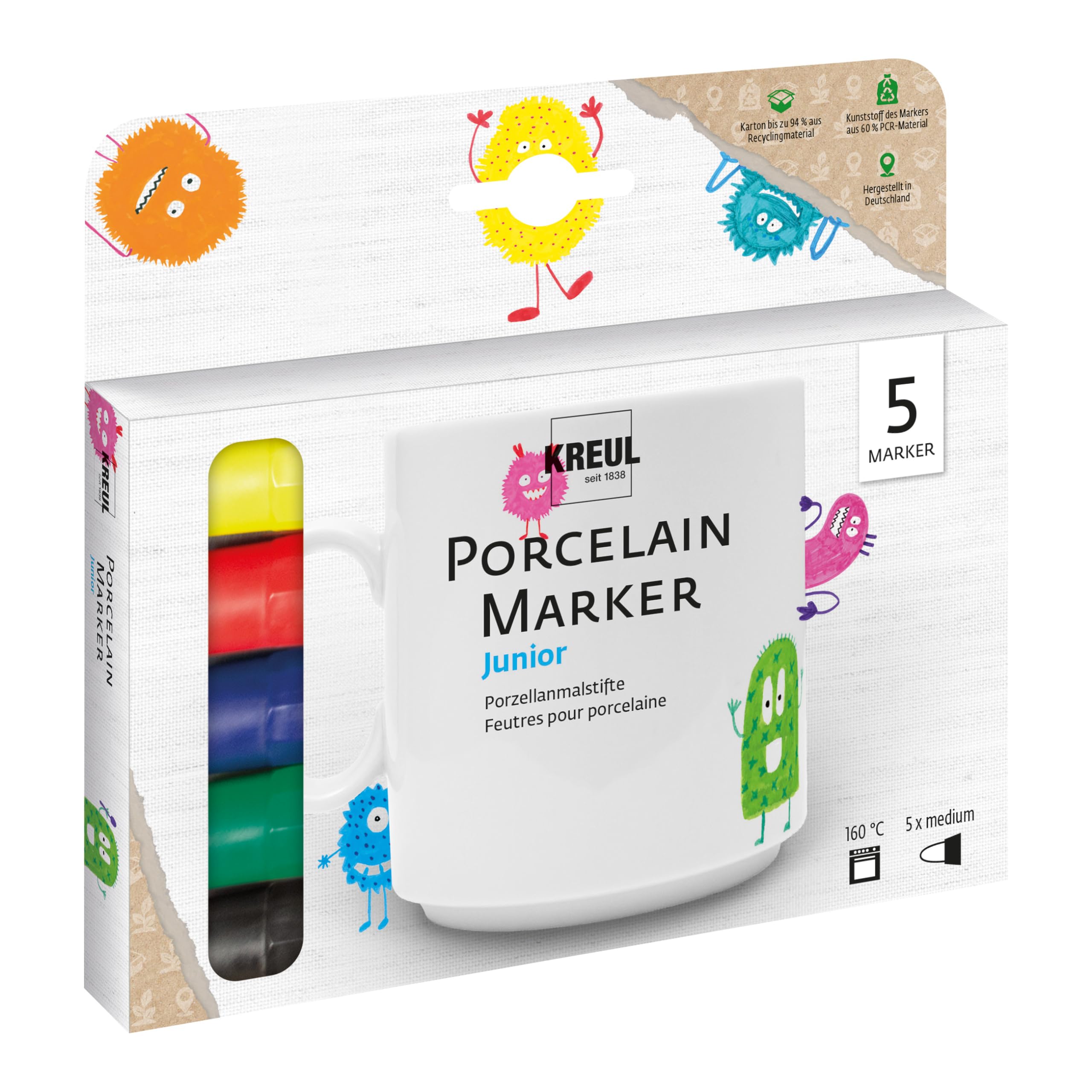 Kreul 16300 - Hobby Line Peintre sur porcelaine, avec pointe de pinceau, set de 5, en jaune, rouge, bleu, vert & noir, pour peindre sur porcelaine, céramique, métal, verre