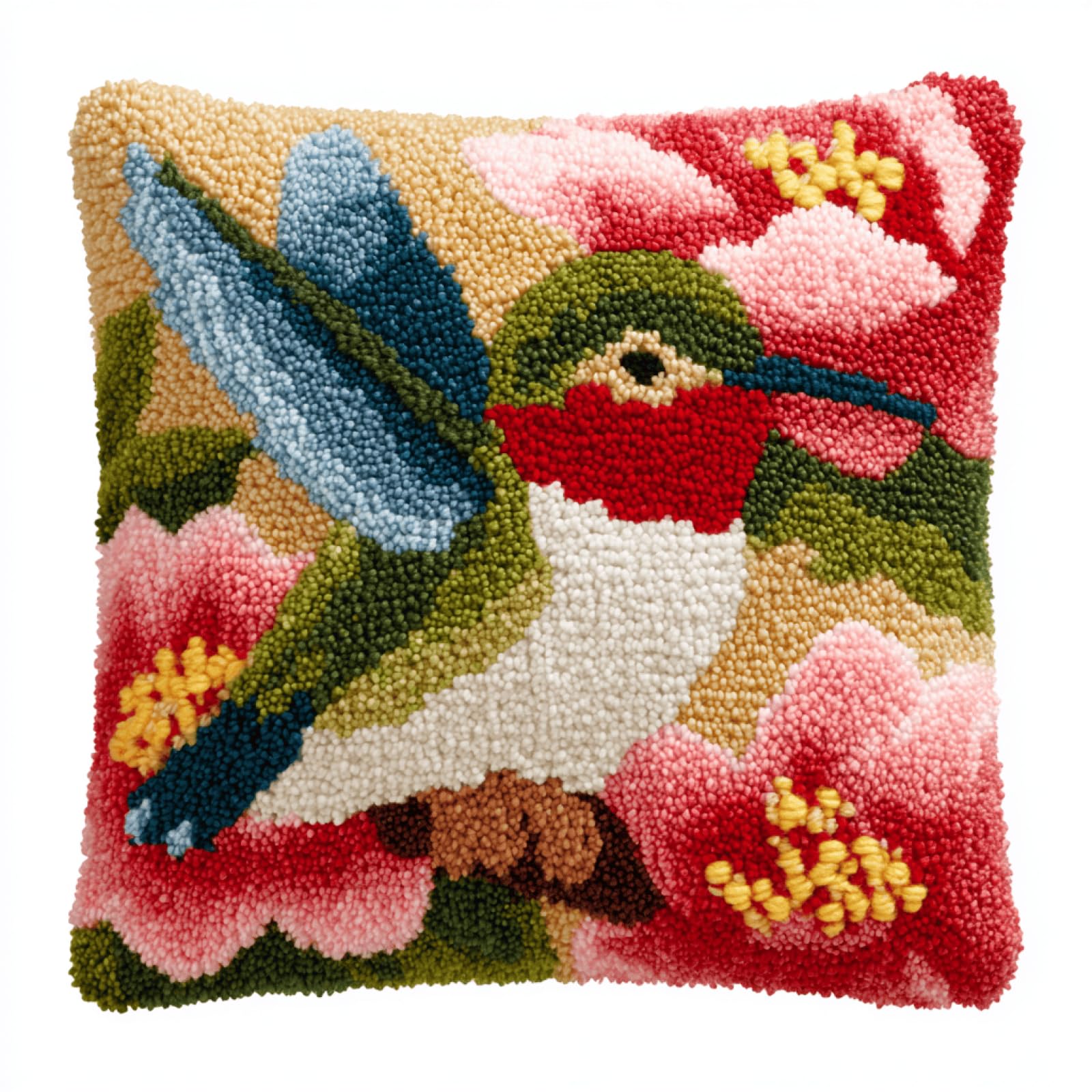 Taxpy Christmas Latch Hook Cushion Kit,Hummingbird,17x17in DIY Pillow Cover Craft Kit with Pre-Printed Canvas and Yarn,Fun Handmade Gift for Adults,Beginners & Holiday Home Decor