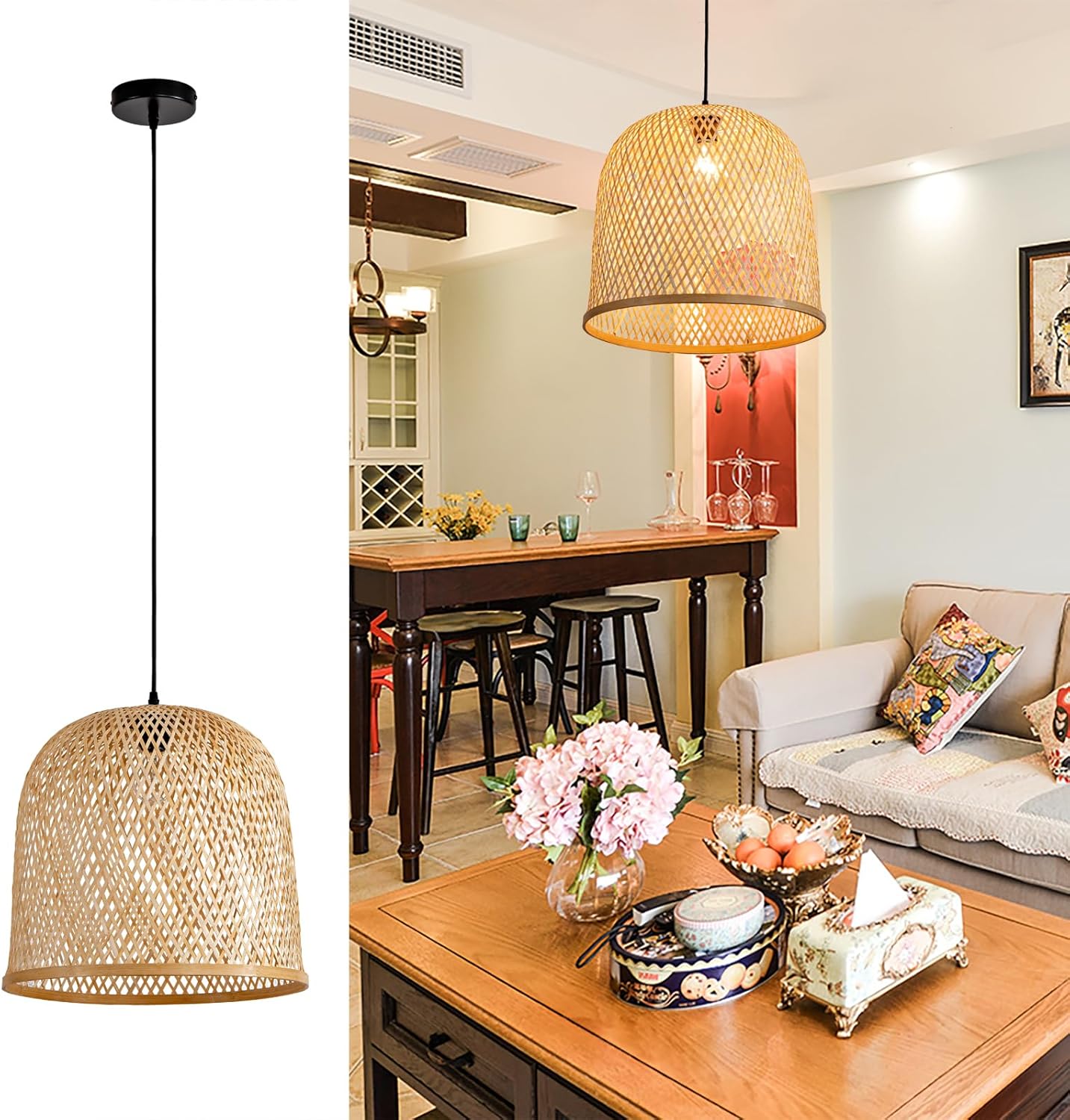 Bamboo Pendant Light 15.7 Inch Hand-Woven Ceiling Mounted Bamboo Chandelier, Coastal Beach Hanging Rattan Light Fixture for Kitchen, Dining, Living Room