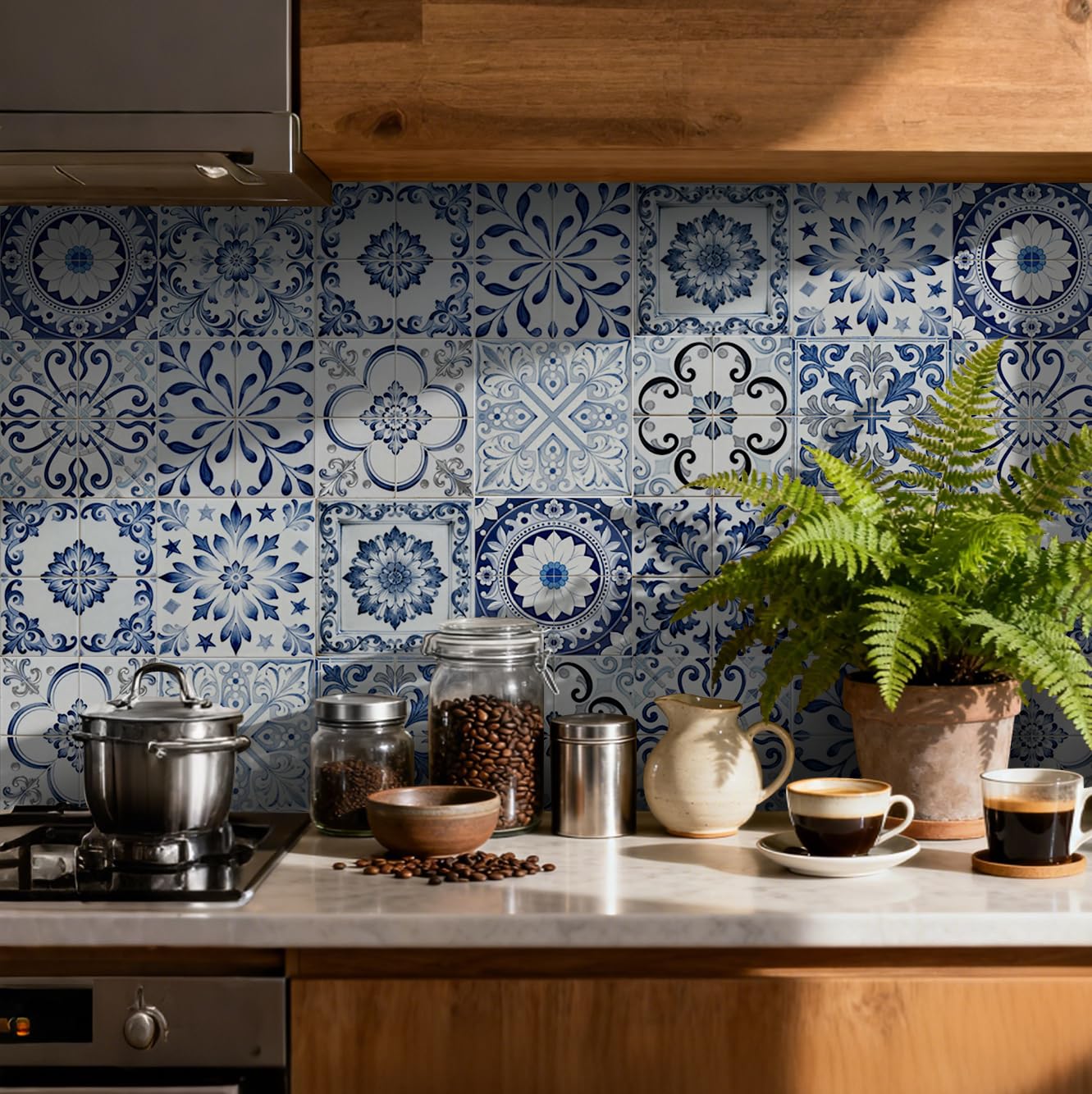 Tile Stickers for Kitchen 24 pcs Stick on Tiles Kitchen Bathroom Self Adhesive Peel and Stick Wall Waterproof Oil-Proof (10cm x 10cm, 4x4inches) for Floor Stairs Furniture(Blue White 2)