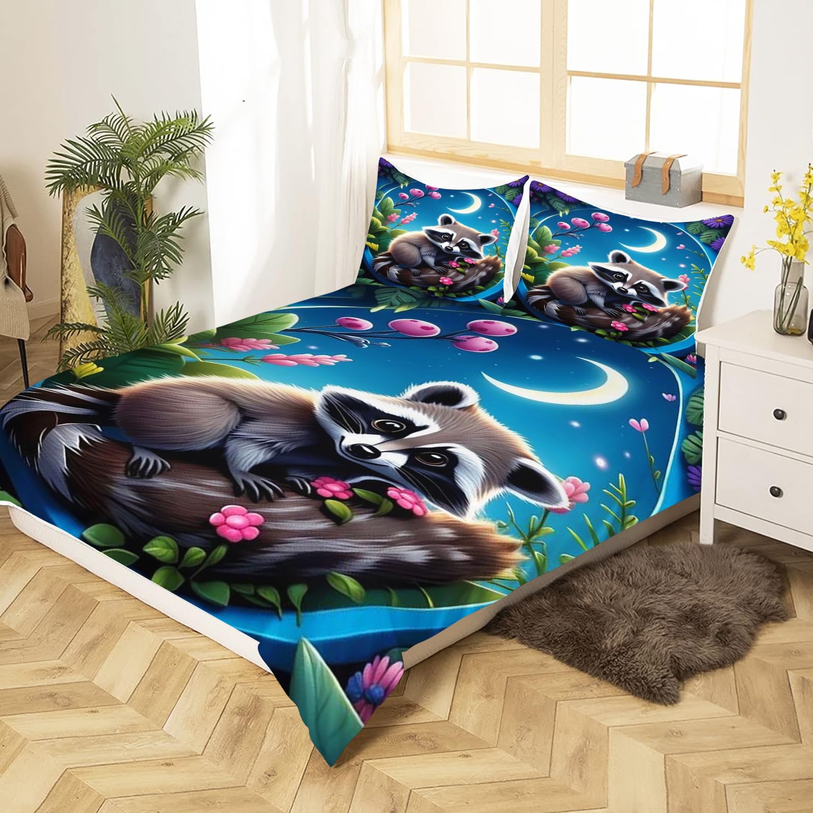 Fgolphd Cute Raccoon Bedding Set for Kids Teens - Watercolor Forest Raccoon & Floral Print Duvet Cover Set， Breathable & Lightweight Microfiber Bedding Super King