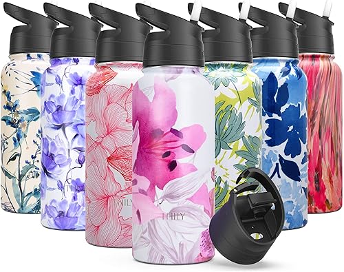 THILY Botella de agua deportiva de acero inoxidable aislada al vacío de 32 onzas, botella de agua de boca ancha a prueba de fugas con 2 tapas y
