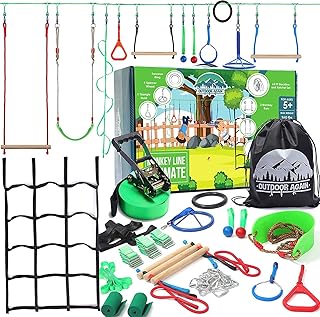 65' Ninja Warrior Obstacle Course for Kids - 12 Obstacles - Ninja Line - Ninja Slackline - Ninja Course - Slackline Ninja Kit - Obstacle Course for Kids - Zipline Alternative - Backyard Monkey Bars