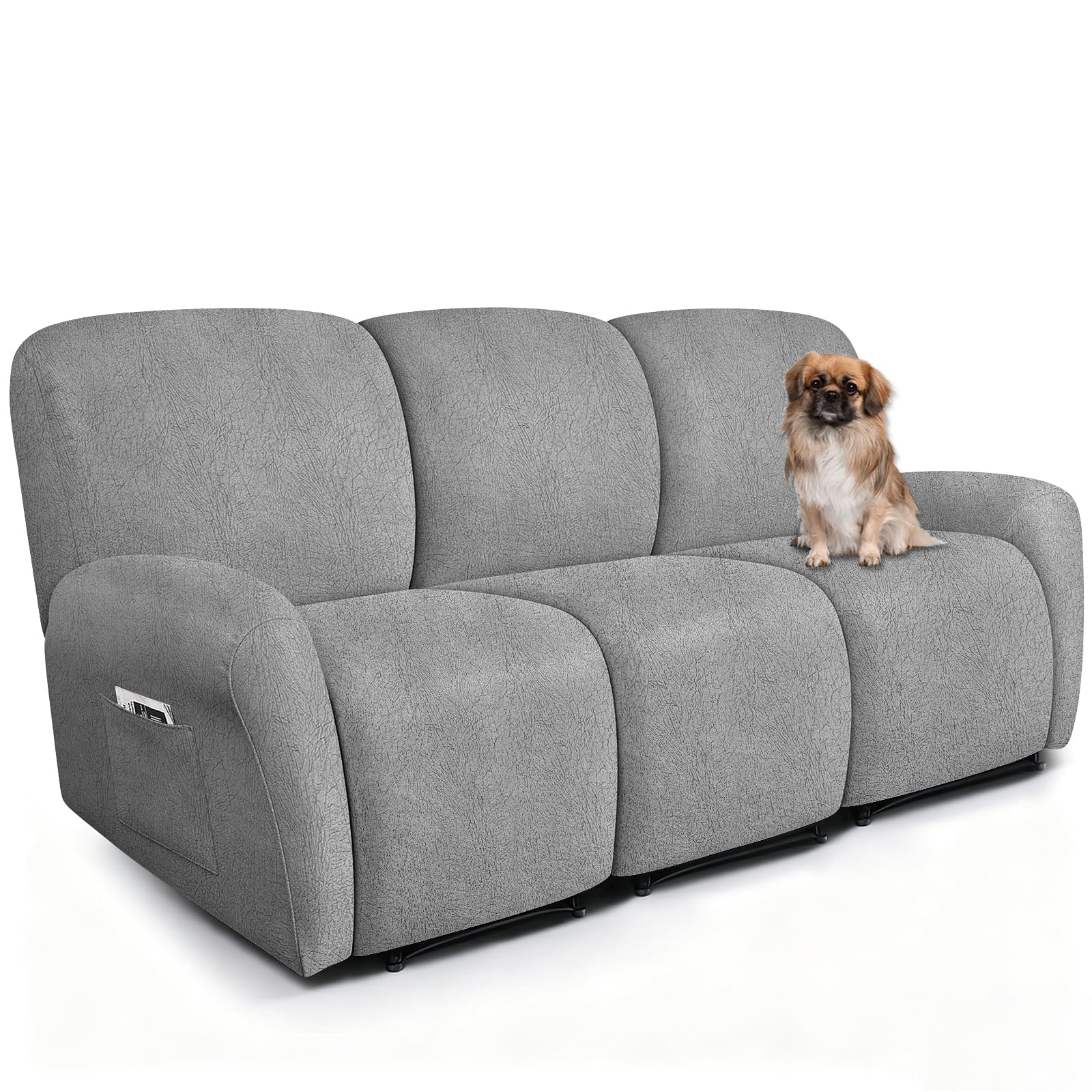 ANARACHON Leather Look Recliner Couch Cover 8-Piece Recliner Sofa Slipcovers 3 Seater for Reclining Couches Furniture Protector Spandex Fabric Washable (Recliner Sofa,256Light Gray)