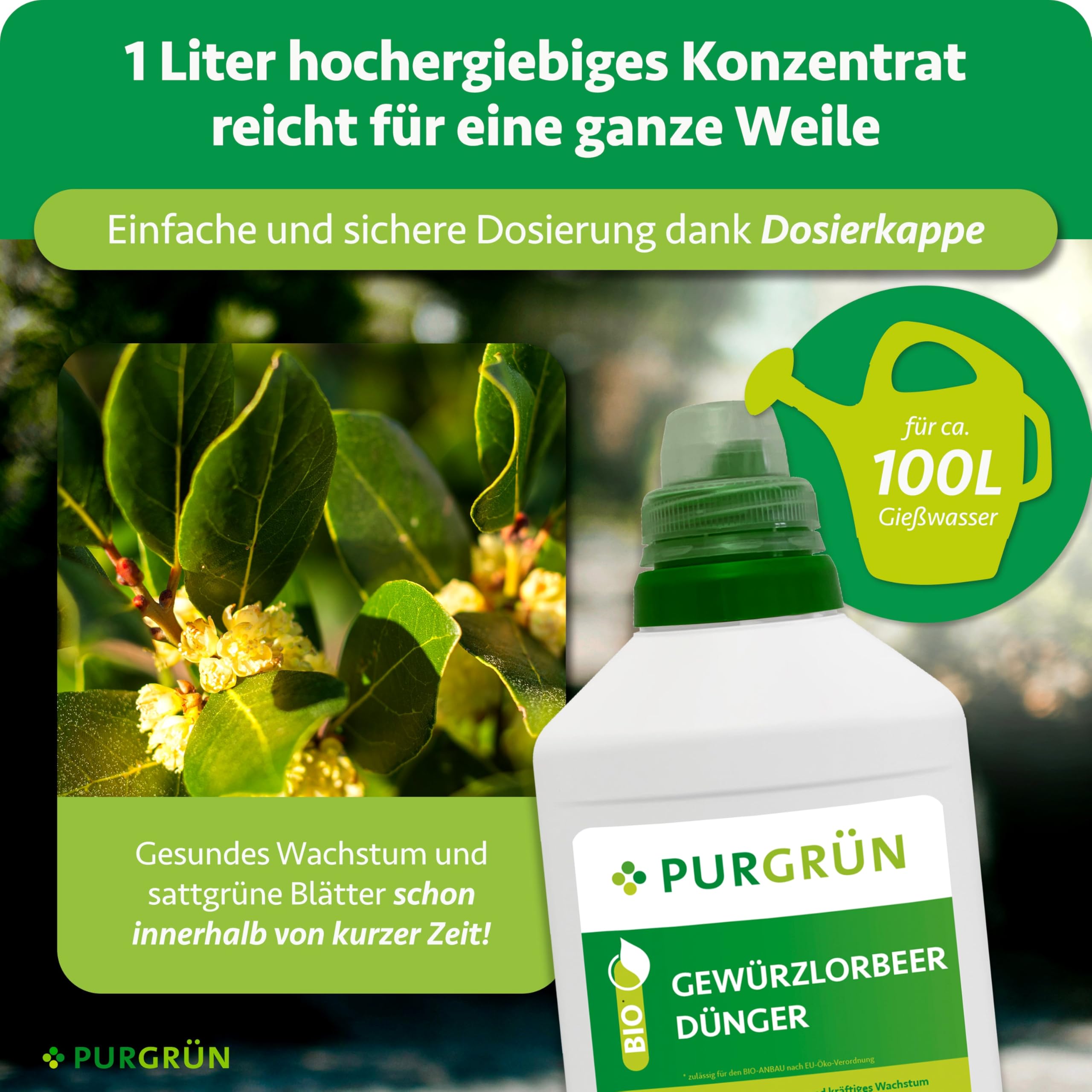 Bio-Gewürzlorbeer-Dünger 1 Liter – Organische Rezeptur – Premium-Flüssigdünger – NPK 4+1+7 – Mit Algenextrakt & Vinasse – Extra Kalium für aromatische Blätter