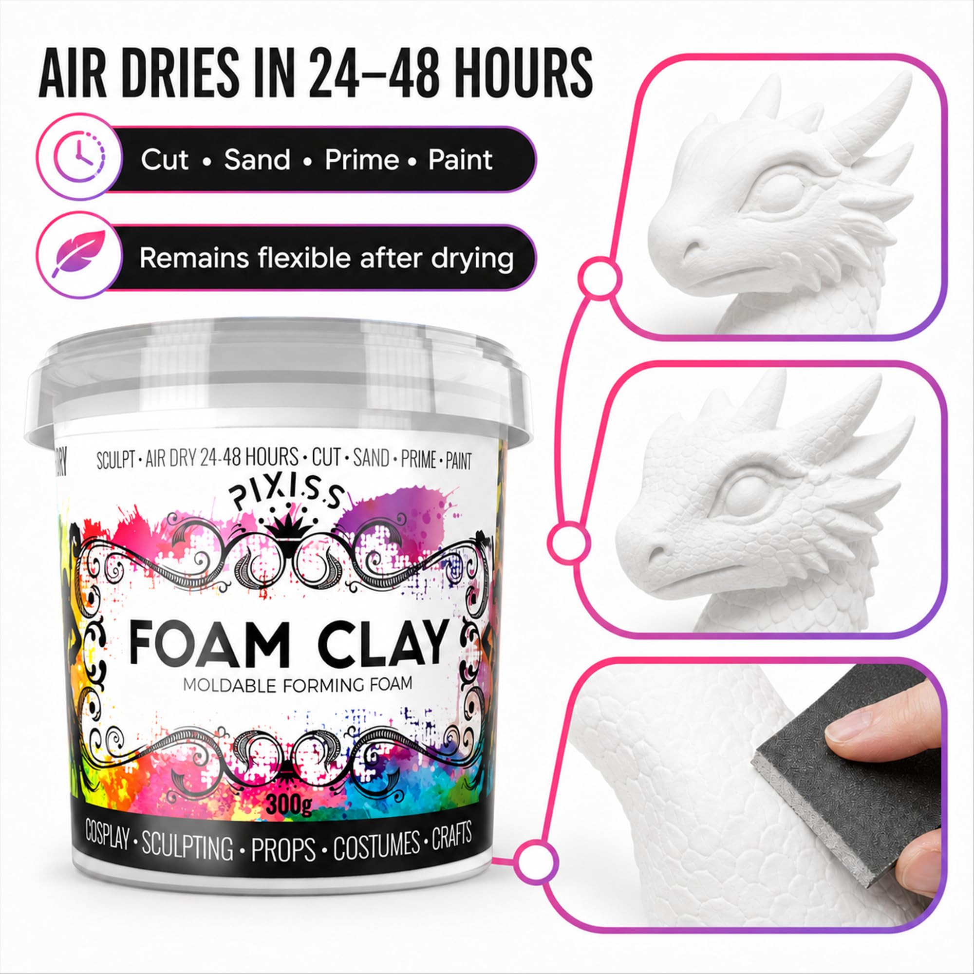 Pixiss Arcilla de espuma moldeable para cosplay (blanco) por (300 gramos) de arcilla de espuma para cosplay, alta densidad y perfecta para diseños intrincados, secar al aire, ideal para cortar con
