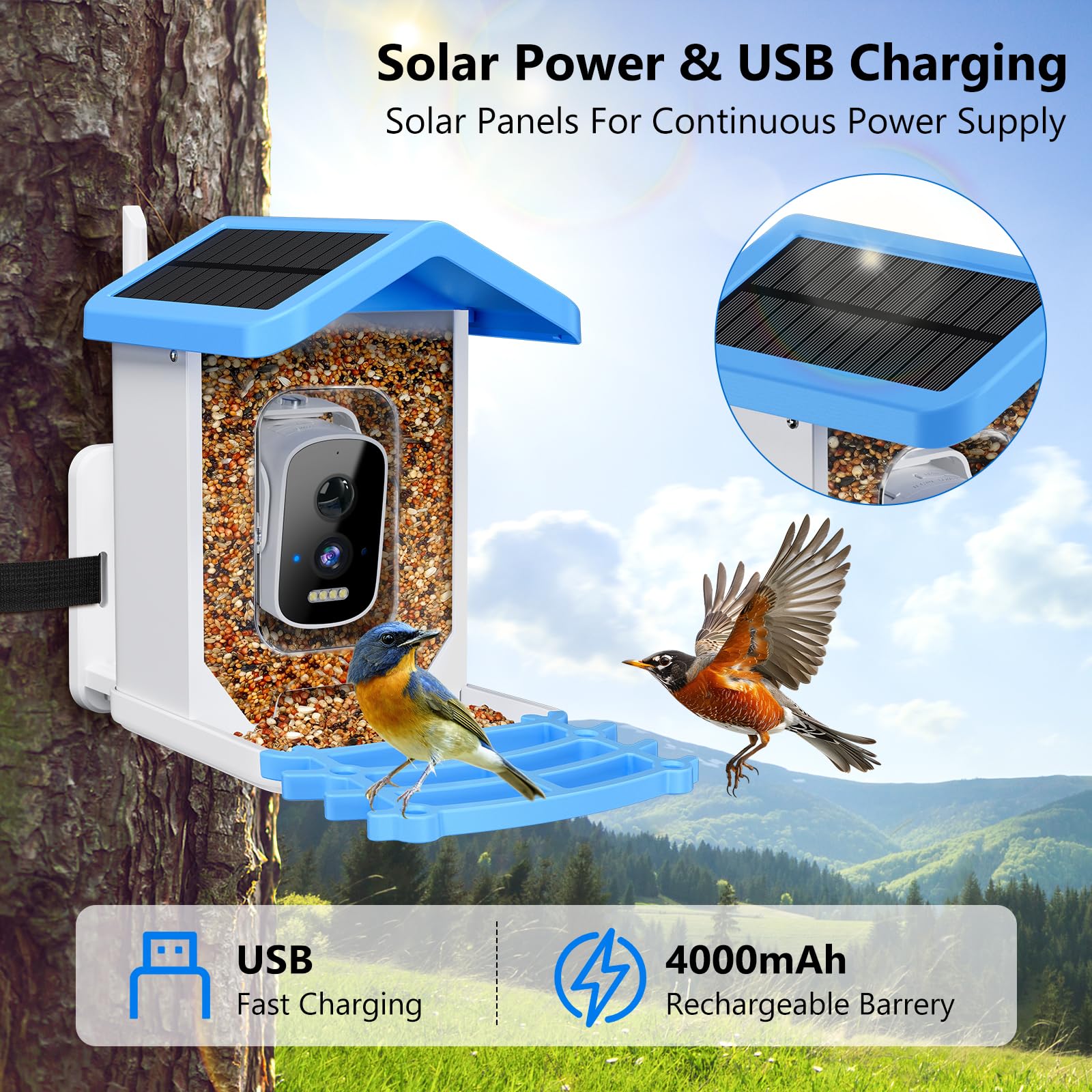 Smart Bird Feeder mit Kamera, AI Vogelarten Identifizierung Solarbetriebenes Panel, 2.5k HD Video Vogelhaus mit Kamera für Außengarten, Ideale Geschenke für Liebhaber, Blau