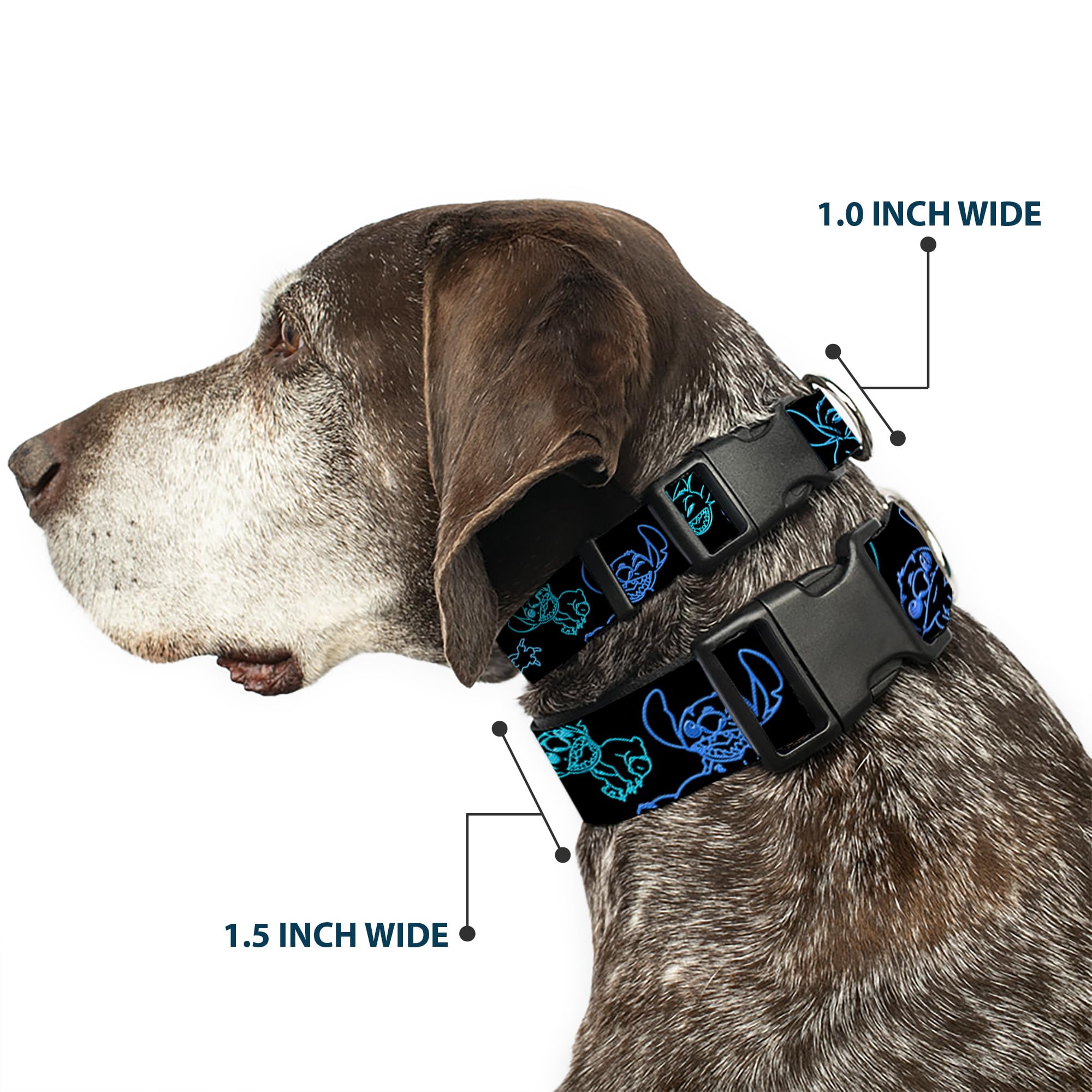 Buckle-Down Hundehalsband – Sicherheitsgurt-Schnalle, Stitch/Hibiskus Design, 1,5 Zoll Breit, Größe M (40–58 Cm)
