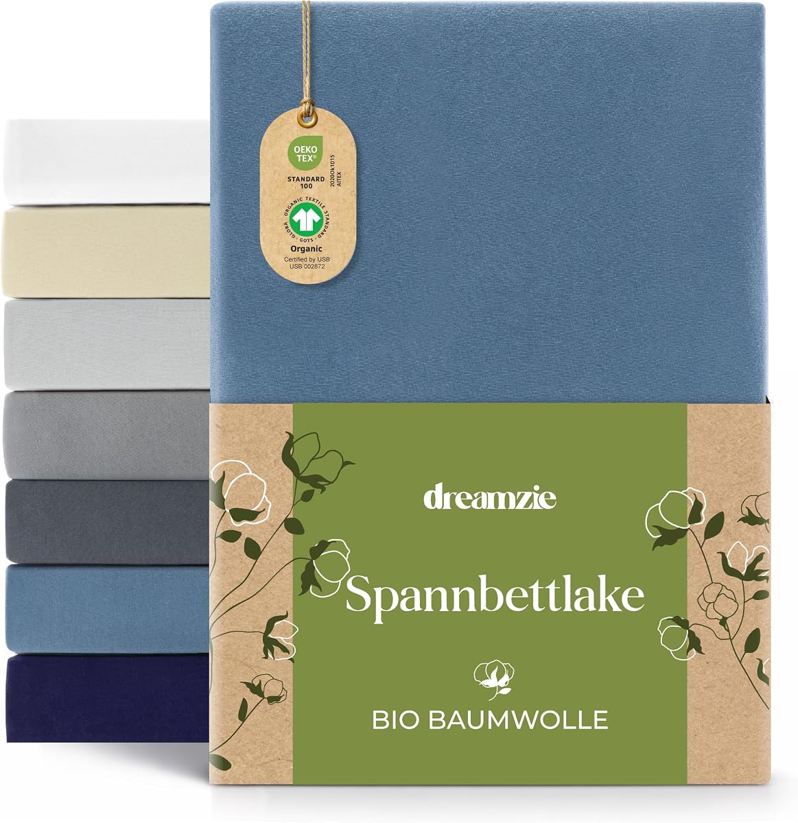 Dreamzie Premium Spannbettlaken 140x200cm bis 160x200cm Blau, Spannbetttuch aus 100% Jersey Biobaumwolle, 150 g/m² - Oeko-TEX