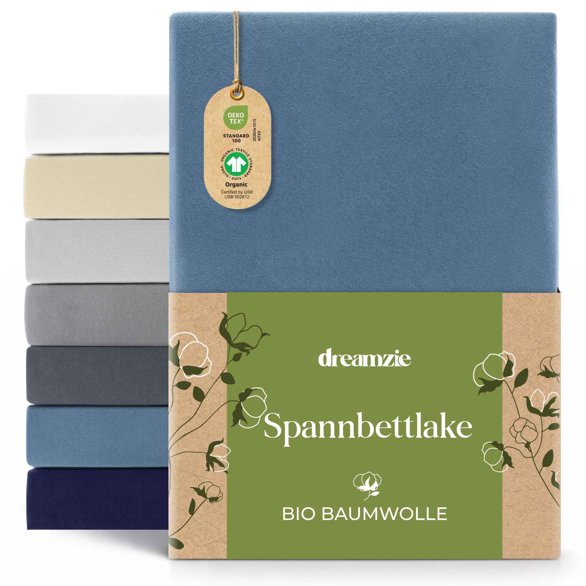 Dreamzie Premium Spannbettlaken 120x200 cm bis 130x200 cm Blau, Spannbetttuch aus 100% Jersey Biobaumwolle, 150 g/m² - Oeko-TEX