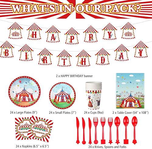 Miniatura 2 de Juego de 172 piezas de decoraciones de fiesta de carnaval, suministros de fiesta de carnaval de circo, vajilla de circo, pancartas de feliz