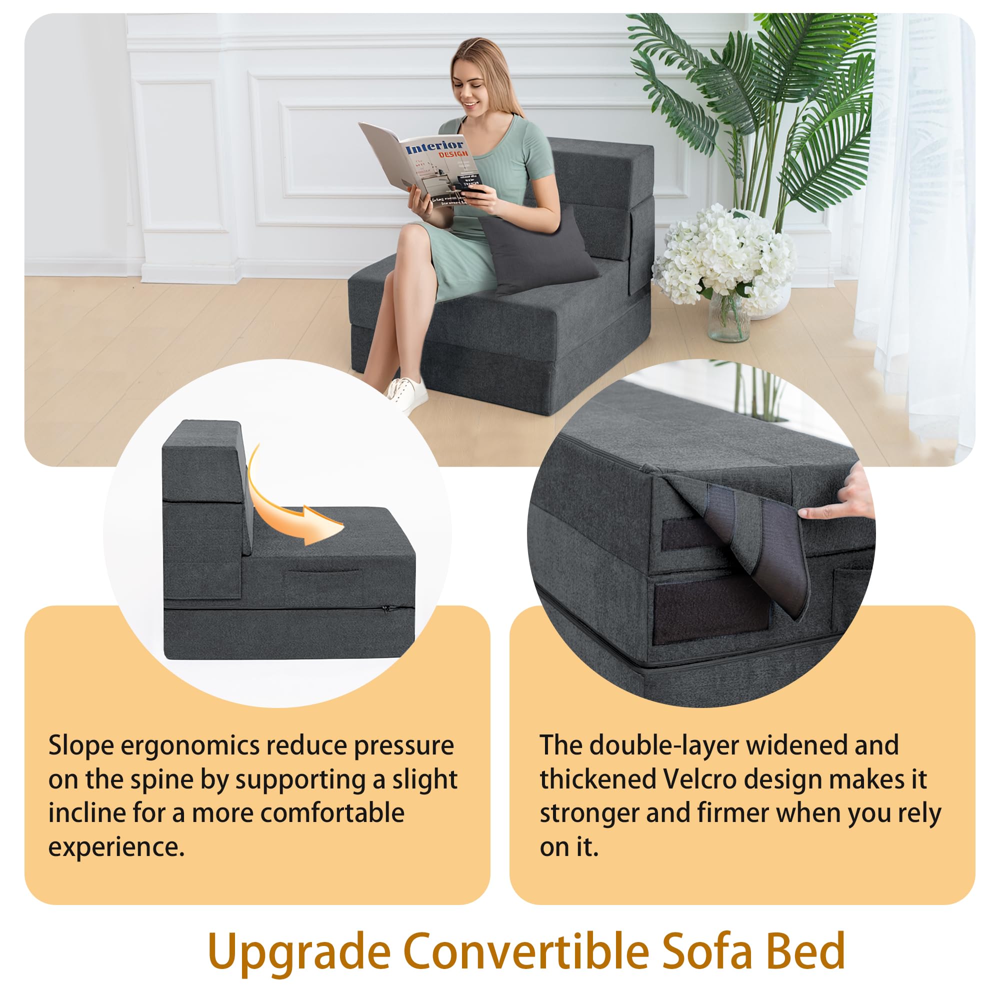 Sofá cama plegable con almohada, silla plegable convertible para cama, colchón de espuma para el suelo, sofá cama plegable para sala de estar, dormitorio, invitados, oficina (gris, 4