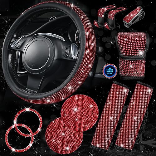 CAR PASS Juego de 7 fundas para volante de color rojo brillante para mujer, cojín de cinturón de seguridad con diamantes de imitación brillantes,