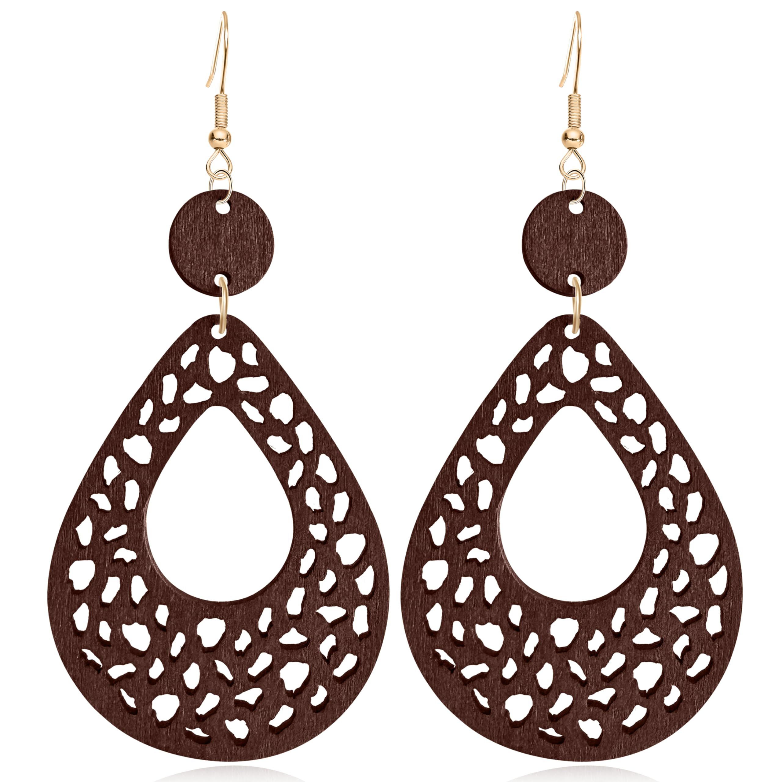 NONQL Handmade Lightweight Bohemian Retro Hollow Wooden Round Earrings Boho Big Teardrop Oval Circle Dangle Earrings for Women Statement Geometric