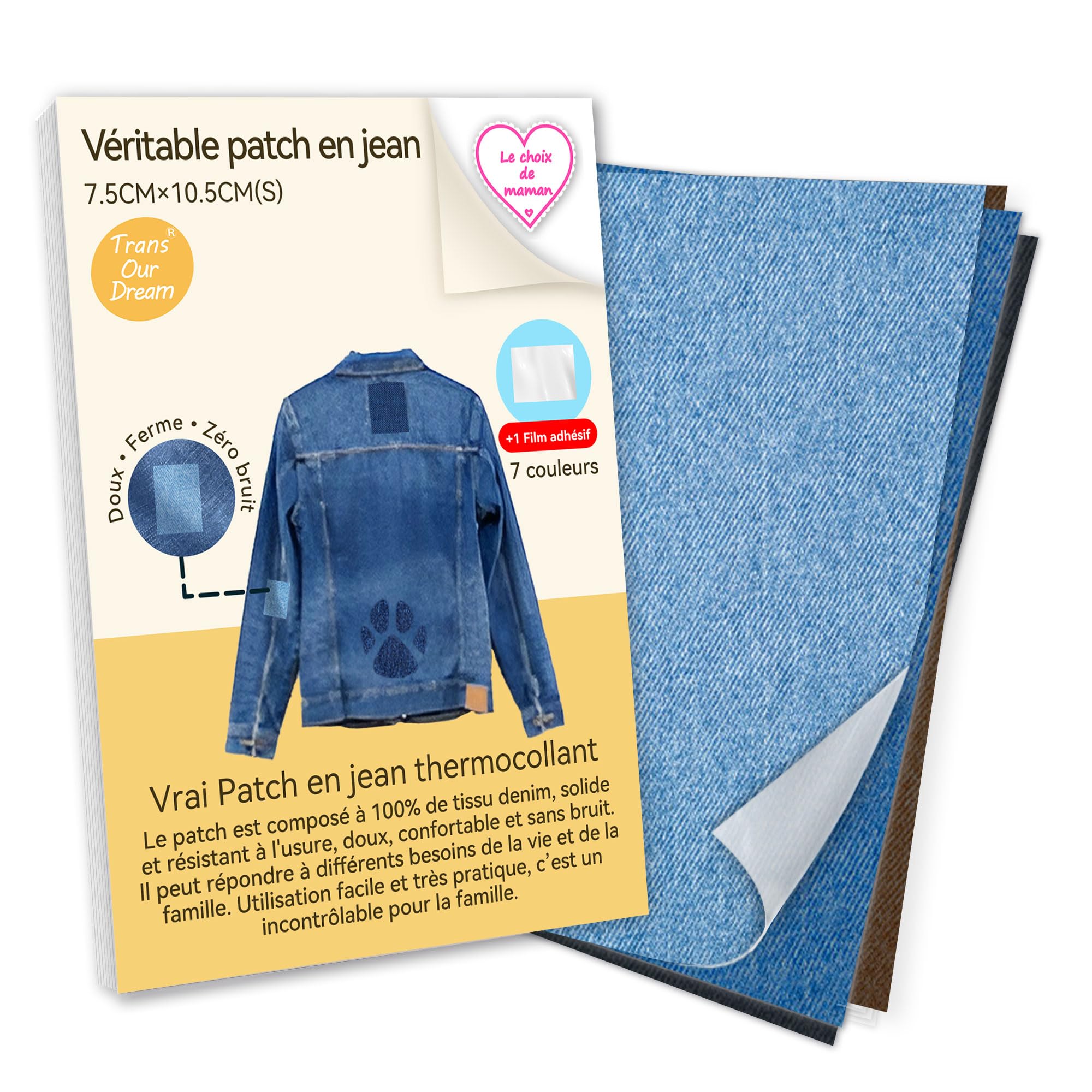 TransOurDream Vrai Patch Jeans Thermocollant tissu, A5(14,8 cm x 21 cm) * 7 feuilles, 7 couleurs, Écusson Denim adhésif à repasser, colle forte, Décoration, Réparation vêtement, FR-M-7