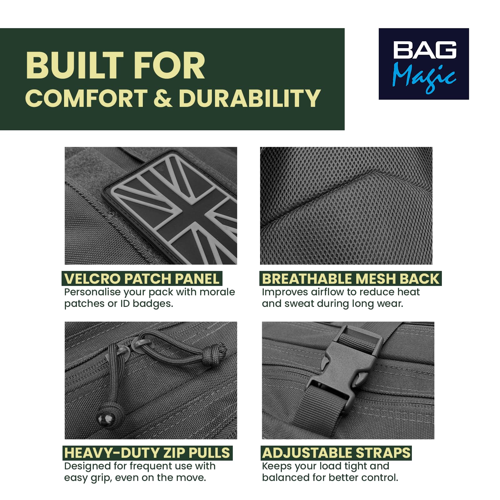 Military Tactical Backpack 21L – Heavy Duty Multi-Pocket MOLLE Rucksack with 180° Opening, Padded Breathable Back Panel, Adjustable Straps & Durable Zip Storage for Travel, Gym & Outdoor Use – Black - 2