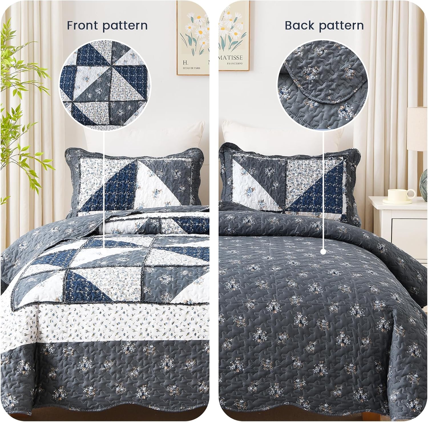 MURT Grey Floral Patchwork Queen Quilt Set, Lightweight Breathable Microfiber Bedspreads for All Seasons, Soft Boho Bedding Coverlet with 2 Pillowcases(90"x96")