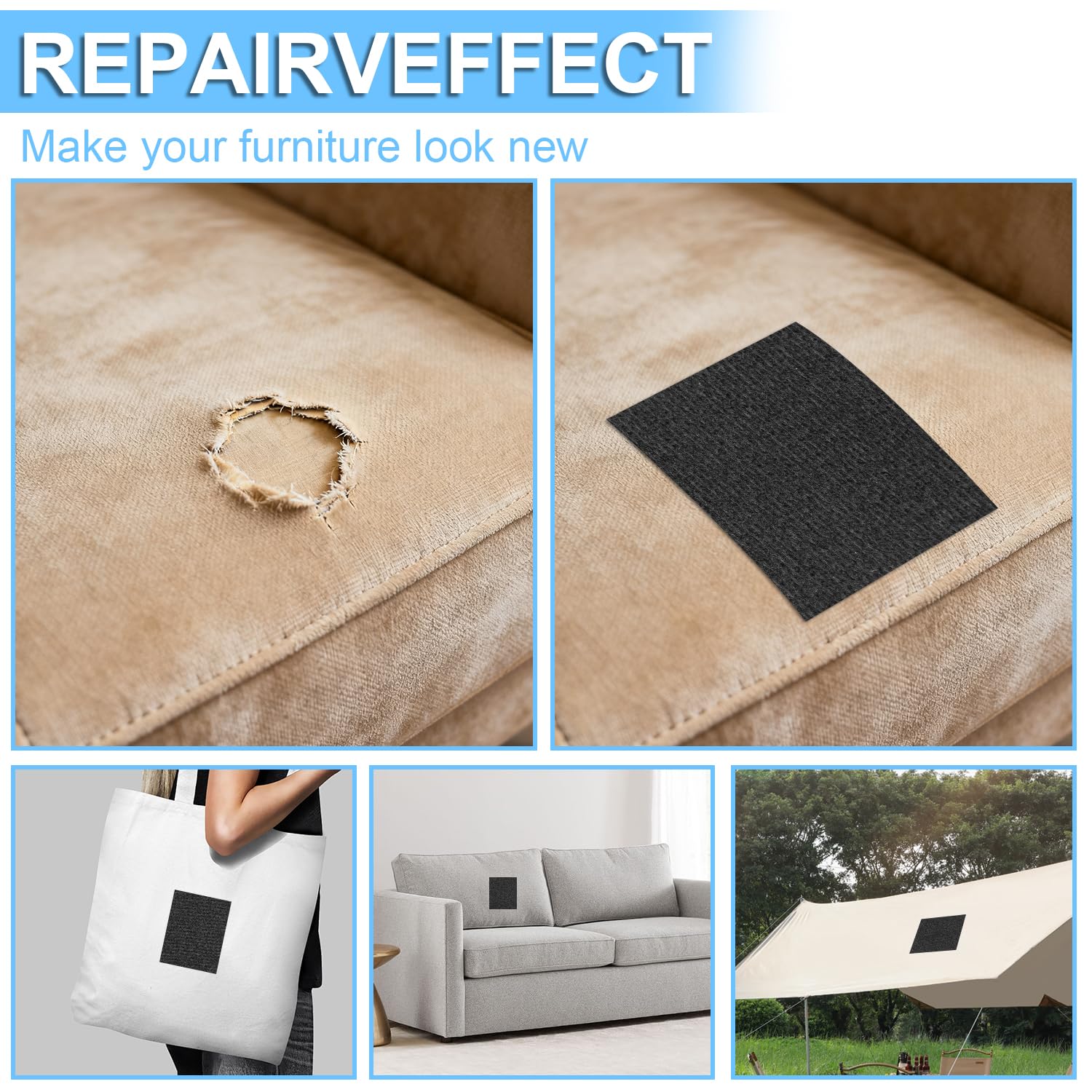Cinta de reparación de tela autoadhesiva 10 cm x 2 m, cinta de reparación para tela apta para cortinas, sombrillas, lona y ropa para barcos, impermeable, lavable, recortable