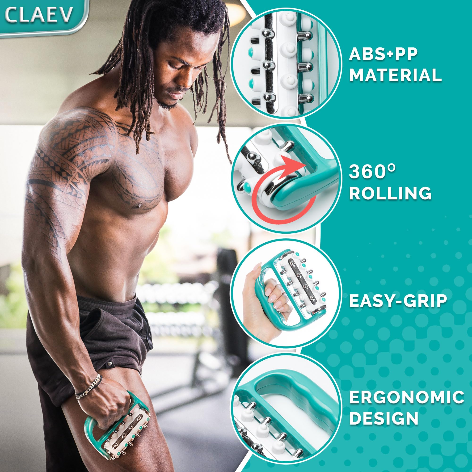 Claev Lymphatic Drainage Massager - Premium Deep Tissue Muscle Massage Roller for Detox, Circulation + Relaxation - Handheld Body Tool - Green
