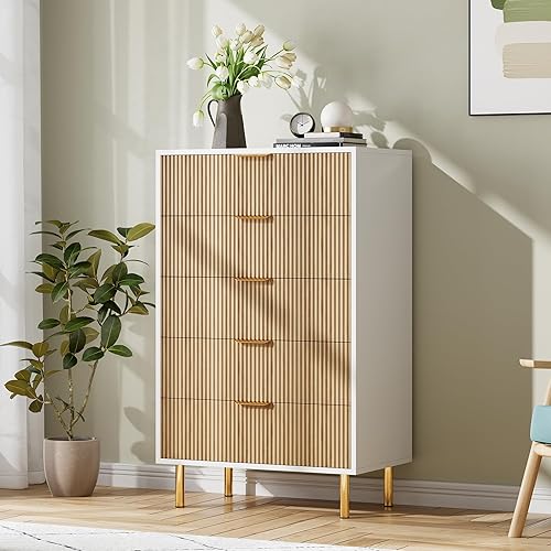 IDEALHOUSE Natural Dresser, Modern 5 Drawer Dresser for Bedroom with Gold Handle and Large Drawer, Wood Double Chest of Drawers and Storage Organizer for Living Room, Hallway, Entryway