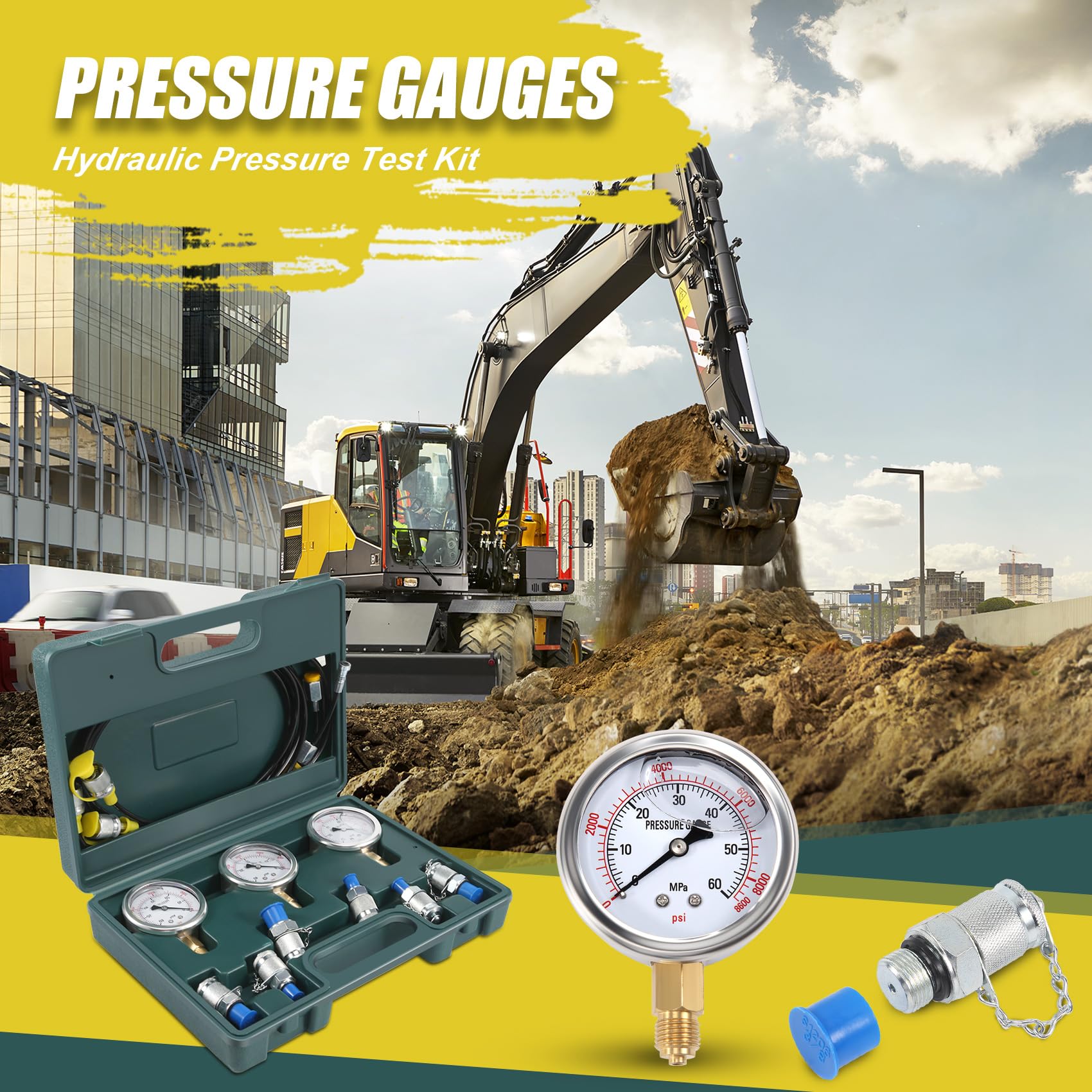 Kit D'Essai de Pression Hydraulique D'Excavatrice de Jauge de Pression Hydraulique avec Manomètres 250/400/600, Tuyaux et Jauge de Test pour Excavatrices Machines de Construction