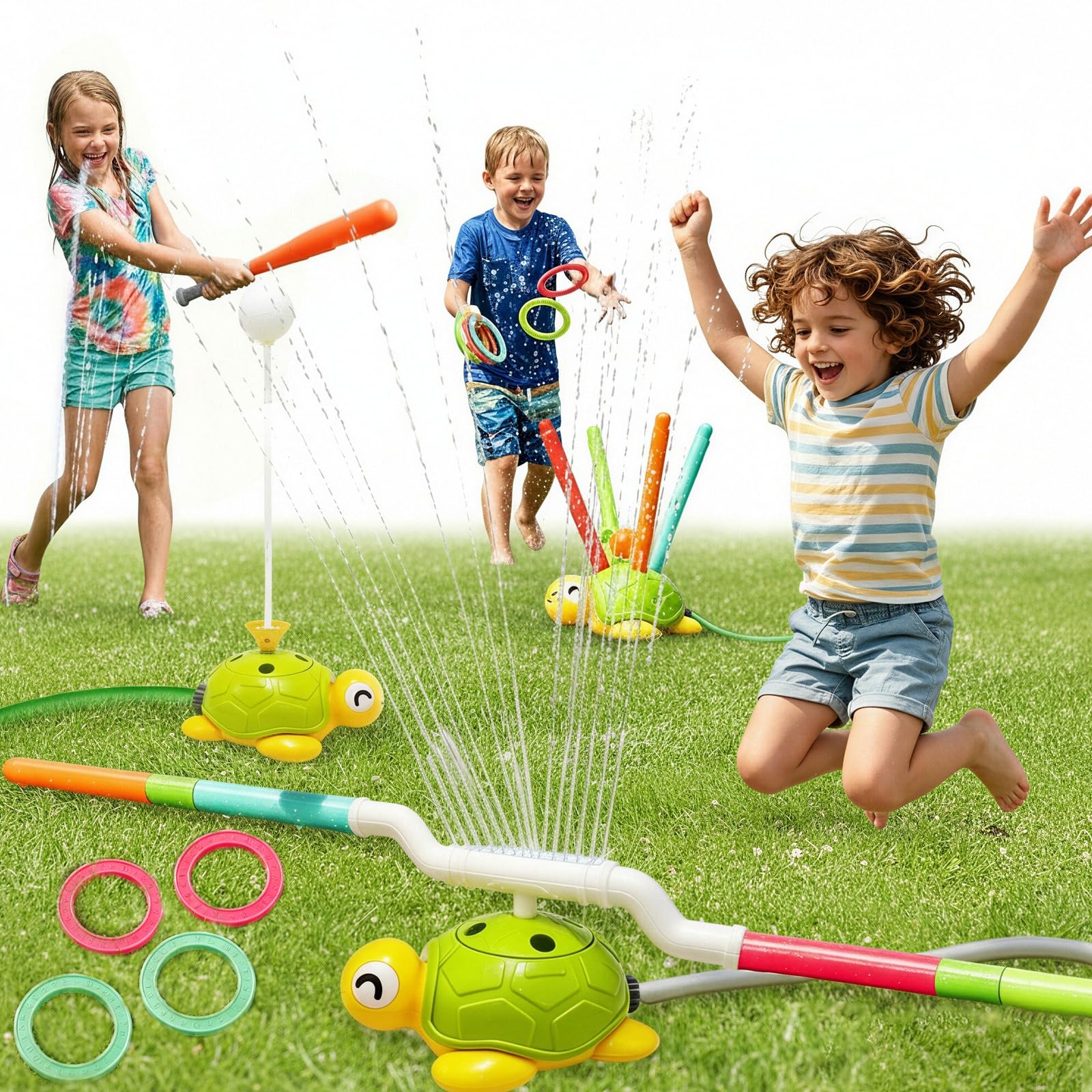 4 in 1 Kids Sprinkler Set, Summer Outdoor Toys for Turtle Theme with Fountain Mode Ring Toss Game Baseball Jump Bar Mode, 360 ° Degree Rotation for Kids Aged 3-12, Best Outdoor Toys for Children