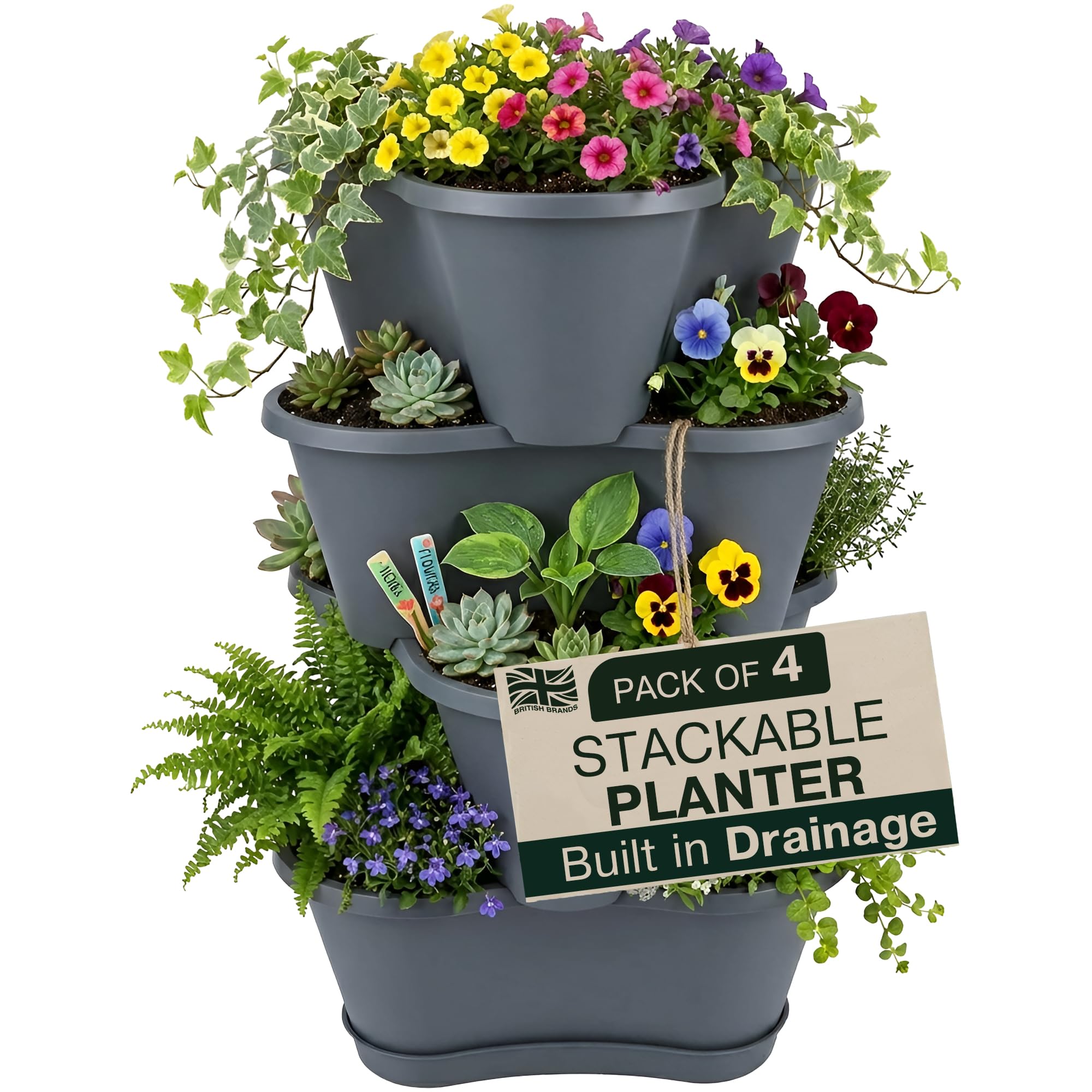 My Garden Stackable Strawberry Planter - Pack of 4 Vertical Garden Pots for Herbs, Flowers & Vegetables - Space-Saving Tiered Outdoor Planter for Patio, Garden & Balcony